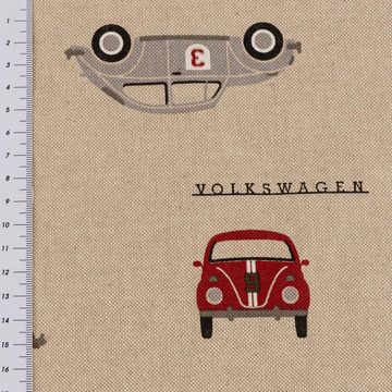 SCHÖNER LEBEN. Stoff Dekostoff Leinenlook VW Beetle Racing Volkswagen Käfer natur 1,40m br, atmungsaktiv