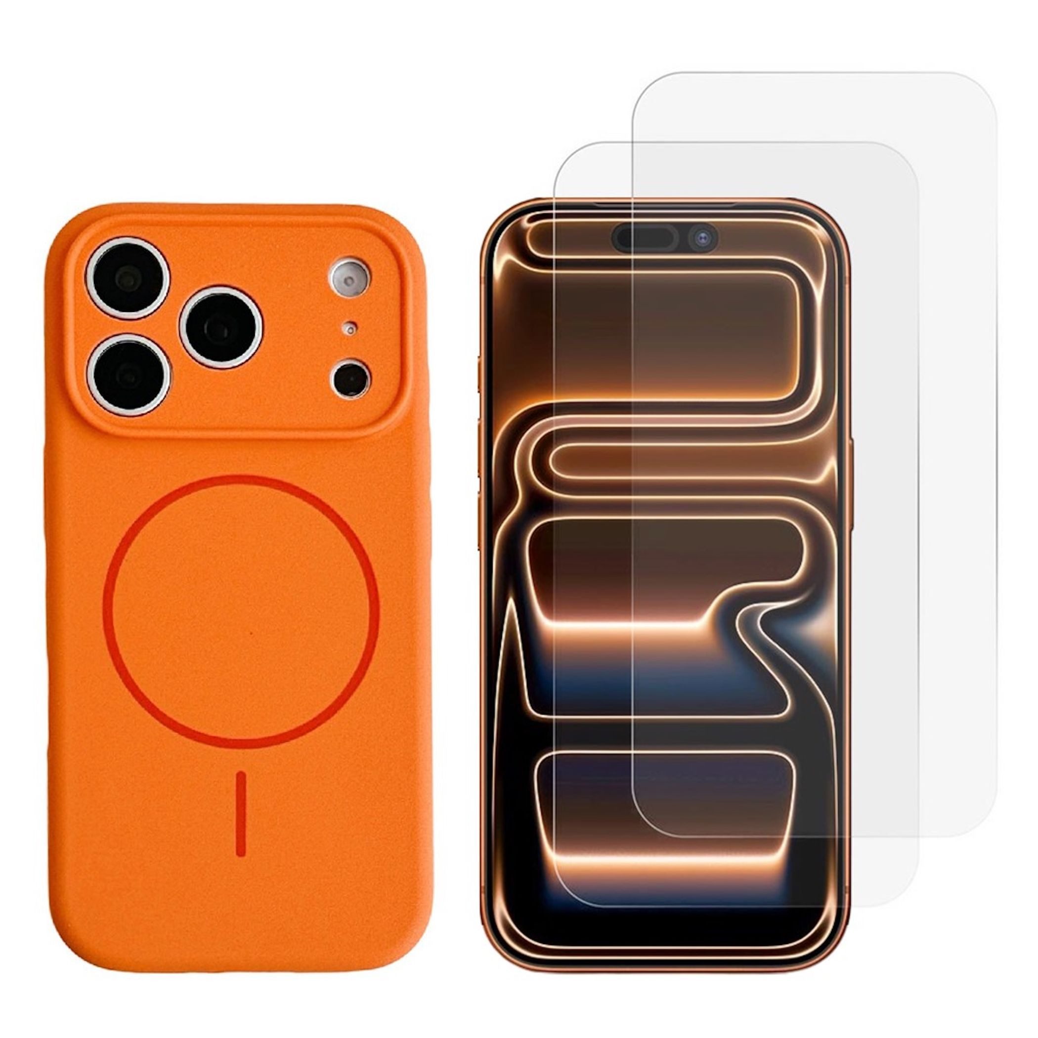 Wigento Handyhülle MagSafe + 2x Schutzglas für Apple iPhone 17 Pro Kameraschutz Orange 6,3 Zoll, 2x HD Schutzglas, Magnetisch, Liquid Silikon