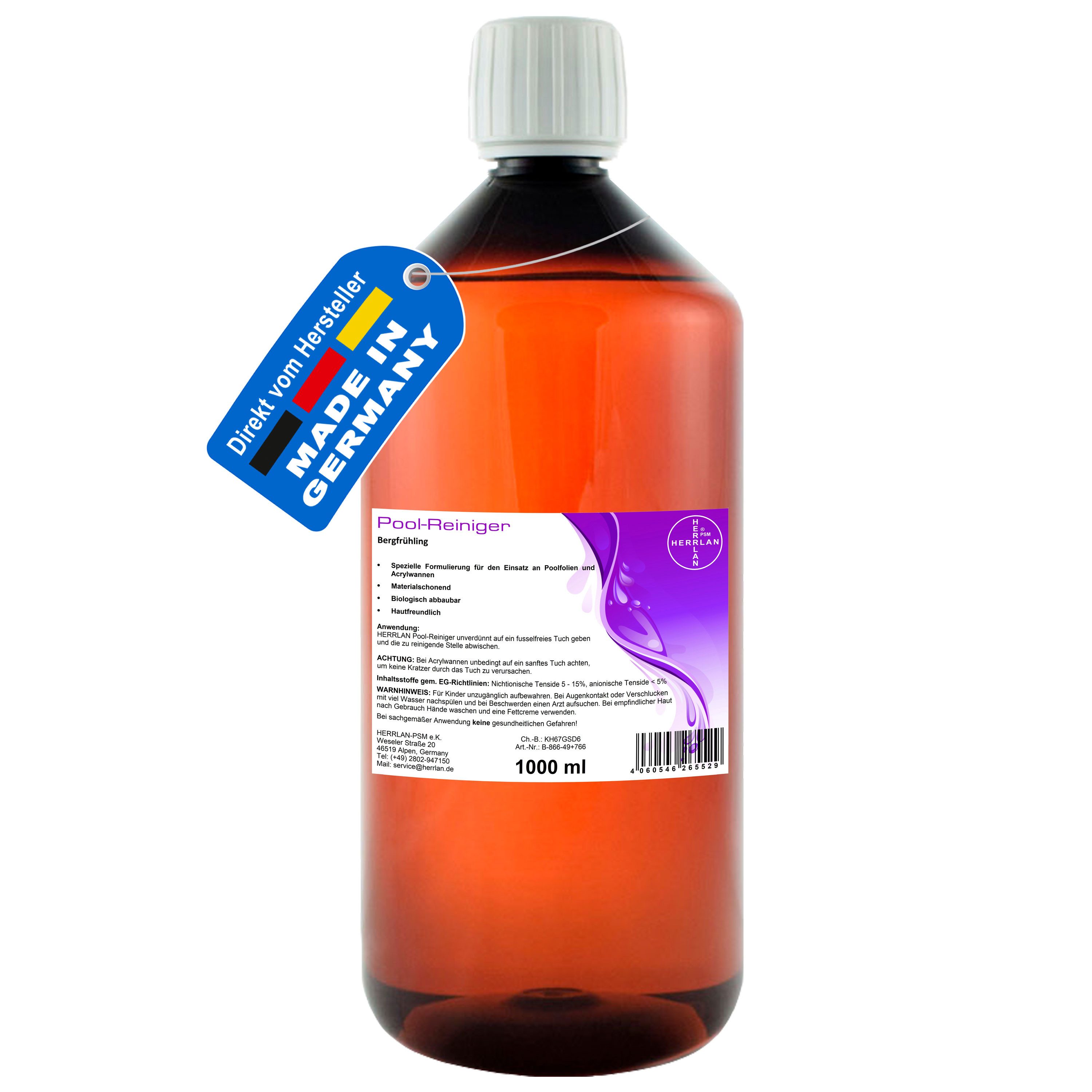 HERRLAN Poolpflege Pool-Reiniger, (1000 ml, Bergfrühling-Duft), für den Einsatz an Poolfolien und Acrylwannen geeignet
