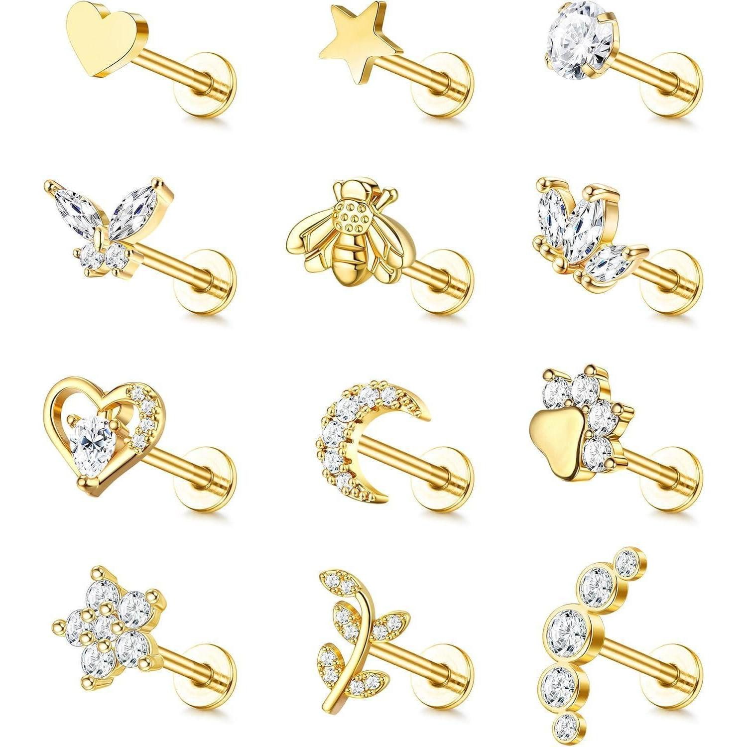 Piercing-Set Knorpel Helix Ohrringe Set 16G Chirurgenstahl CZ Herz Stern Mond Blatt