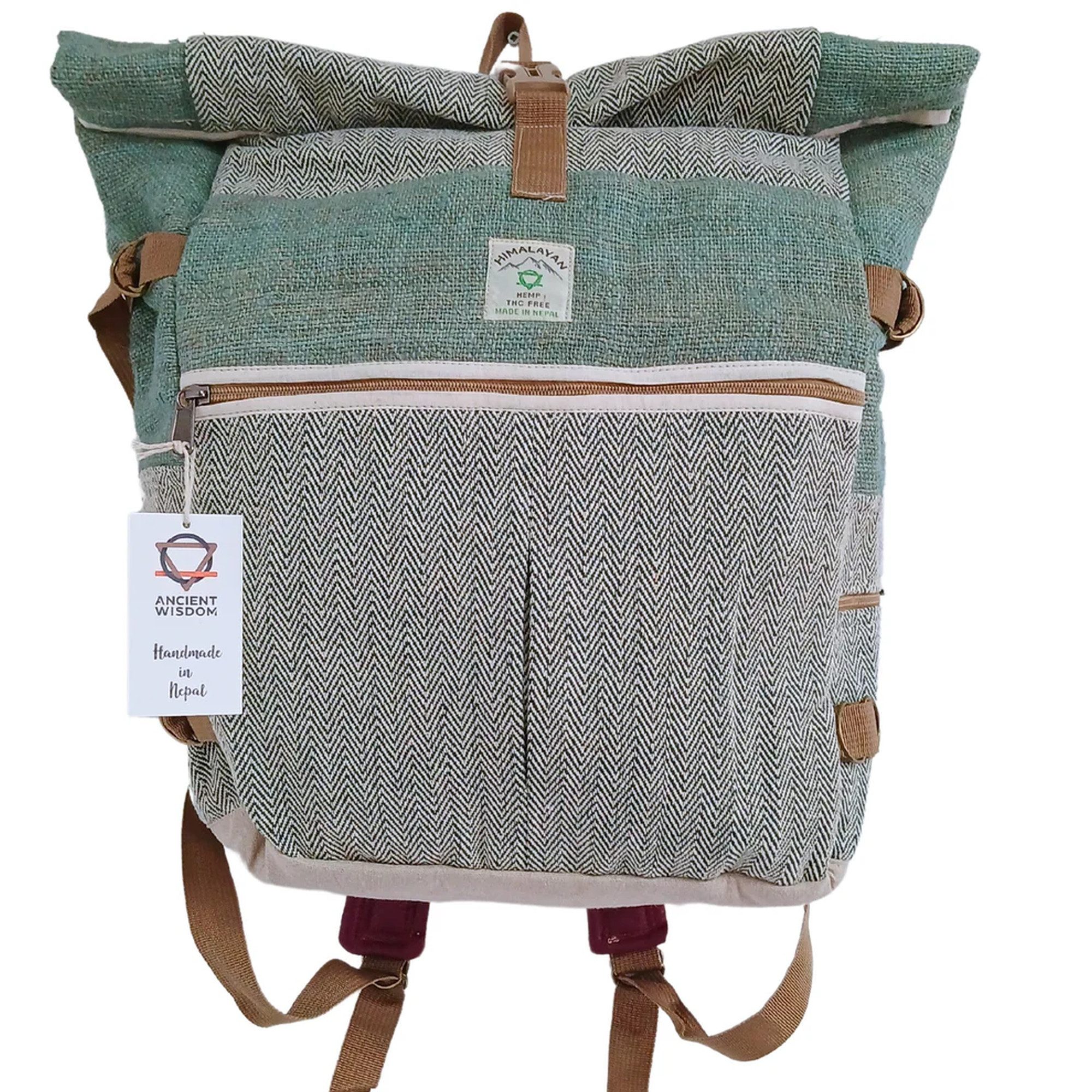 Ancient Wisdom Freizeitrucksack Rolltop Rucksack Grün Hanf Damen Herren – für Outdoor Reise City, Hanfmaterial, Handmade in Nepal, ergonomisches Design