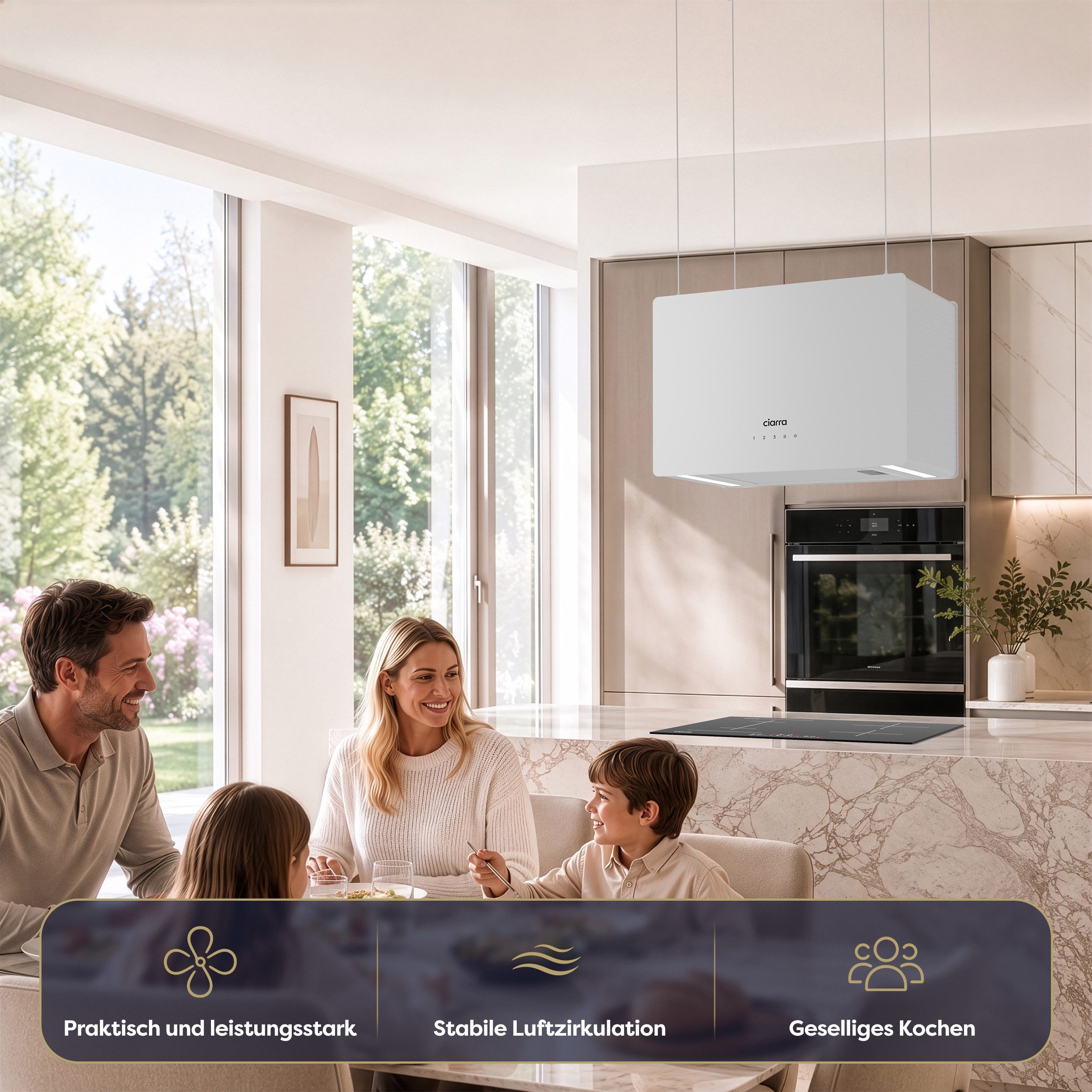 CIARRA Inselhaube Dunstabzugshaube freihängend 50cm A+++ 700 m³/h Umluft CBCS4850 mit Fettiltern 2 Aktivkohlefiltern WIFI-APP Touch Control Inkl. BOOST