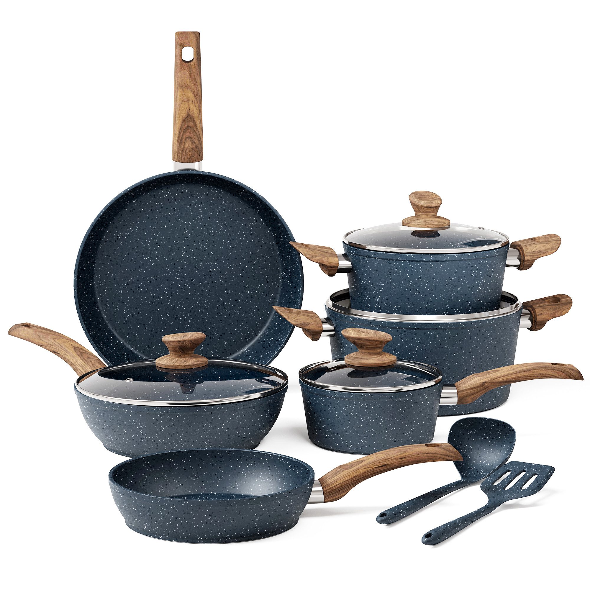 Kitchen Academy Topf-Set, Aluminium, Granit (12-tlg, Pfanne 20cm/28cm, Bratpfanne mit Deckel 24cm, Stielkasserolle mit Deckel 17cm/20cm/24cm, 2 Silikonspatel), Induktion Töpfe Set 12-teilige Granit Kochtöpfe Set