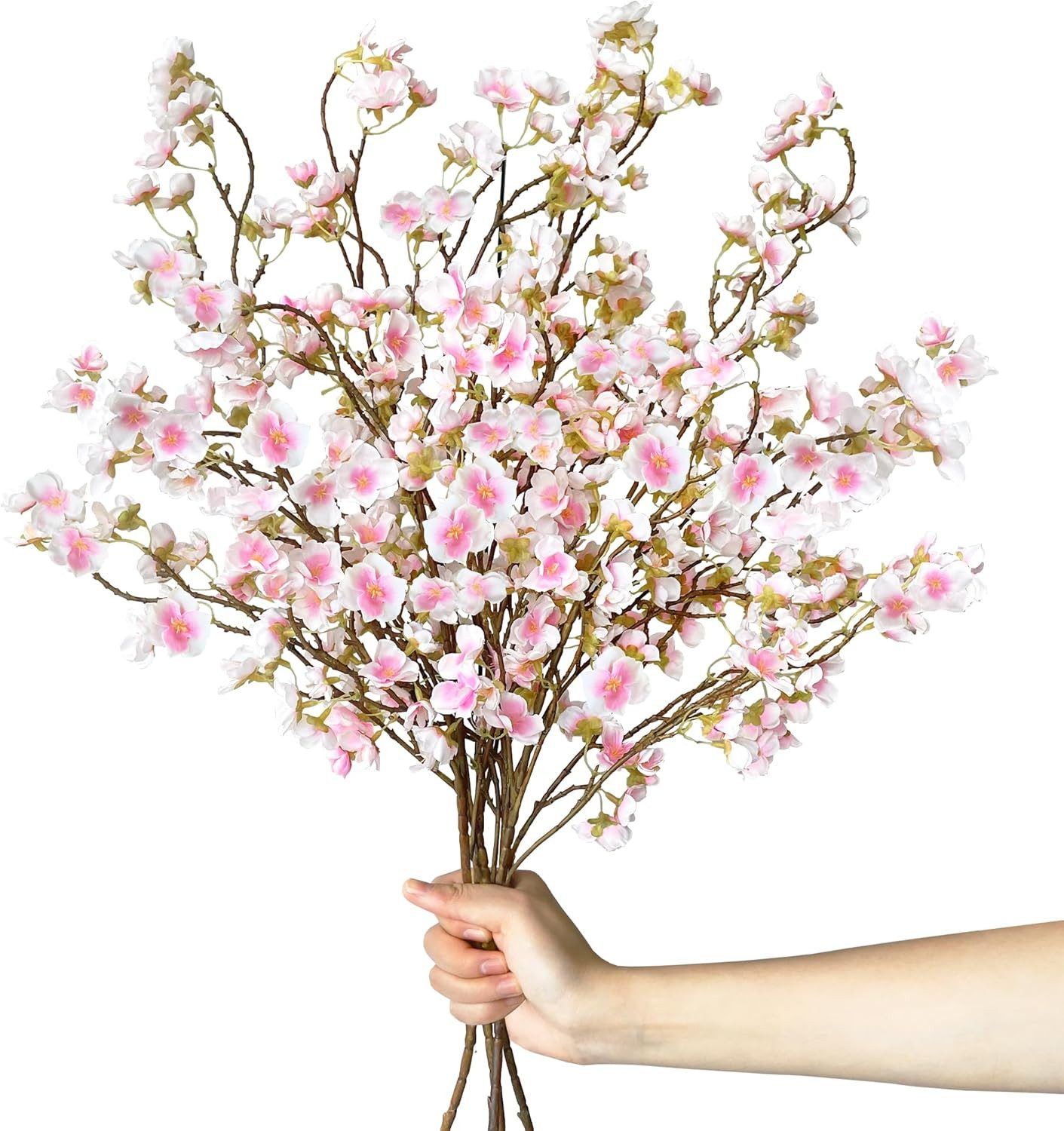 Kunstblumenstrauß 4er Set Kunst-Kirschblütenzweige in Hellrosa, FOUORTUNATE-BEE, Frühlings- und Osterdeko mit zarten Blüten