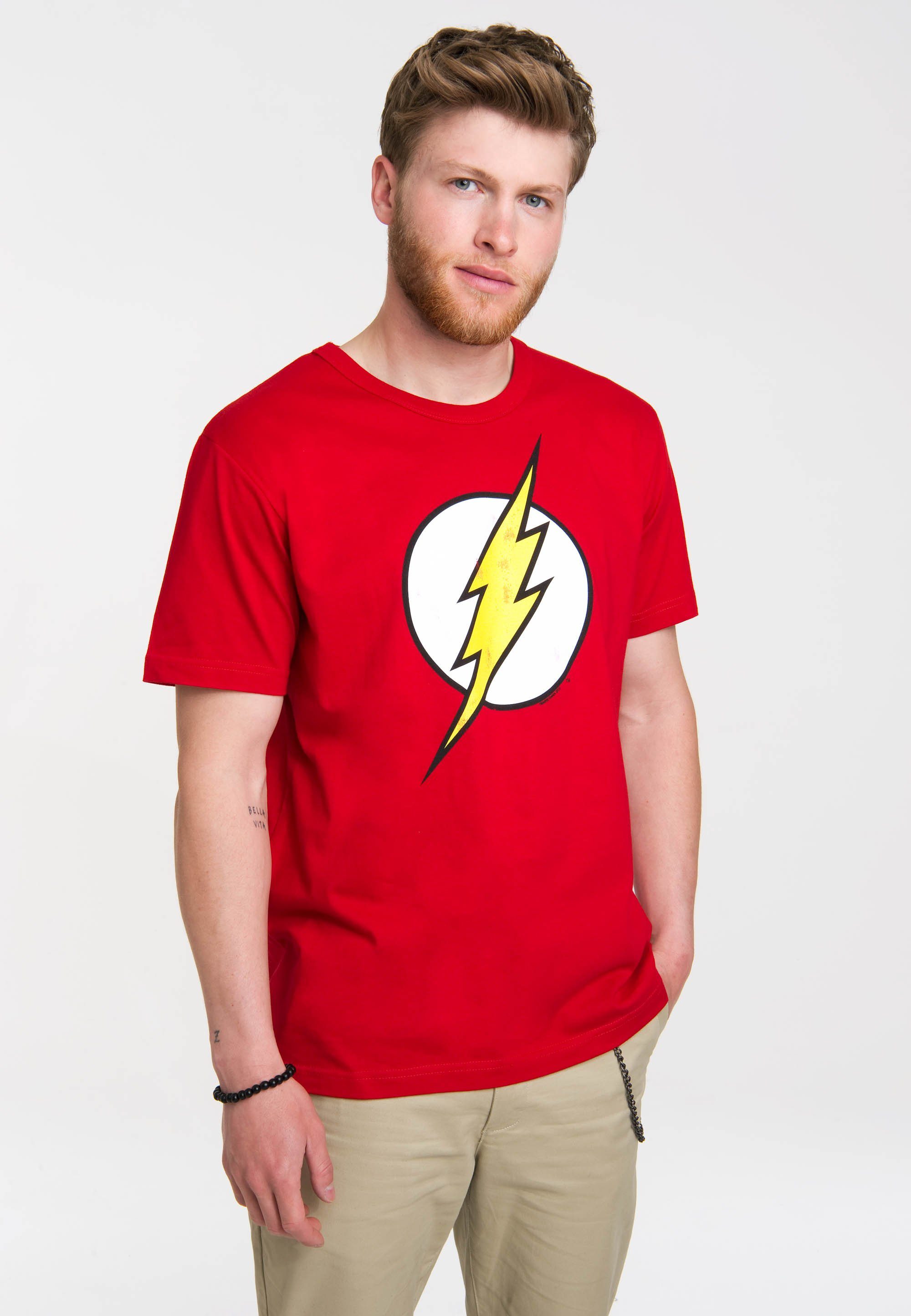 LOGOSHIRT T-Shirt Der coolem Blitz - Rote DC mit Frontdruck - Flash Logo