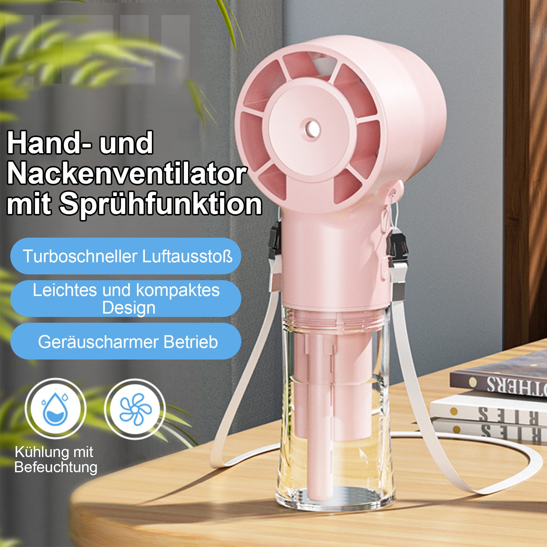 Senmudi Mini USB-Ventilator Handventilator Tragbar,Mini Ventilator,Mini Tischventilator 1200MAH, 4 Geschwindigkeiten mit Wassernebel,für Reisen,Büro,Draußen, Zuhause