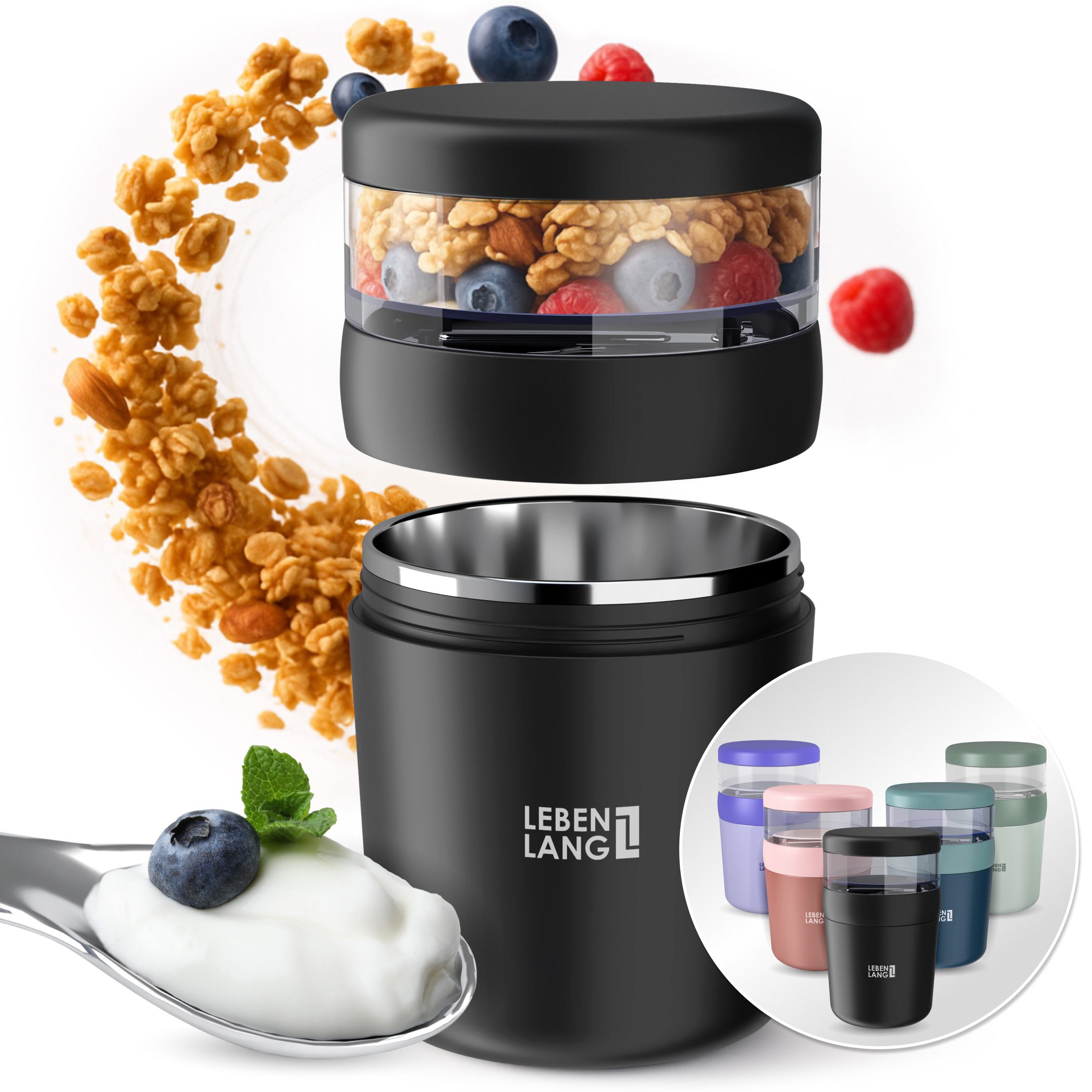 Lebenlang Aufbewahrungsbecher Müslibecher, Isolierende Edelstahlinnenwand, ToGo mit Löffel & 650ml, Edelstahl/Kunststoff, (500ml Becher, 150ml Aufsatz, Drehvershluss, faltbarer Löffel), Auslaufsicher & Perfekt für Schule, Kita, Büro oder Uni