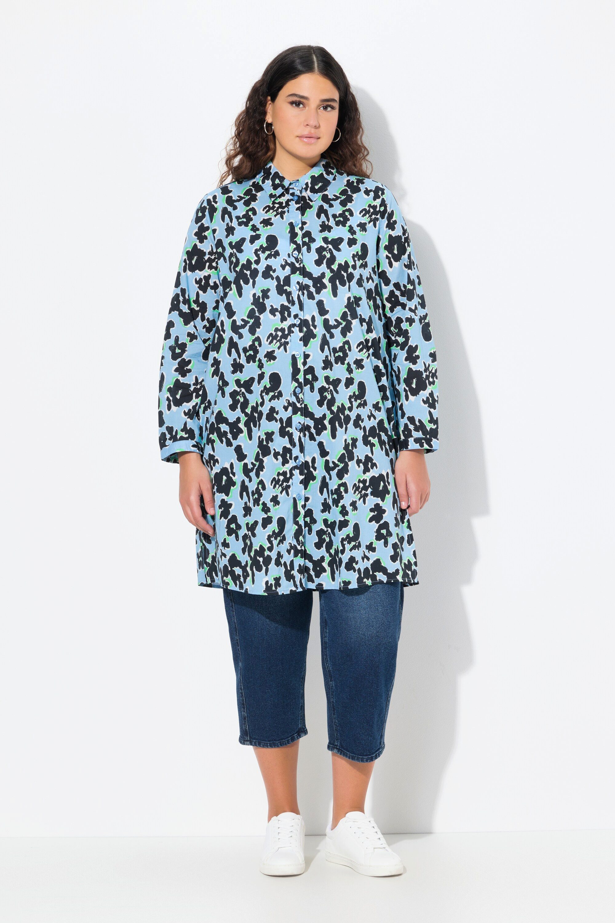 Hemdbluse Longbluse Blüten A-Linie Hemdkragen Langarm
