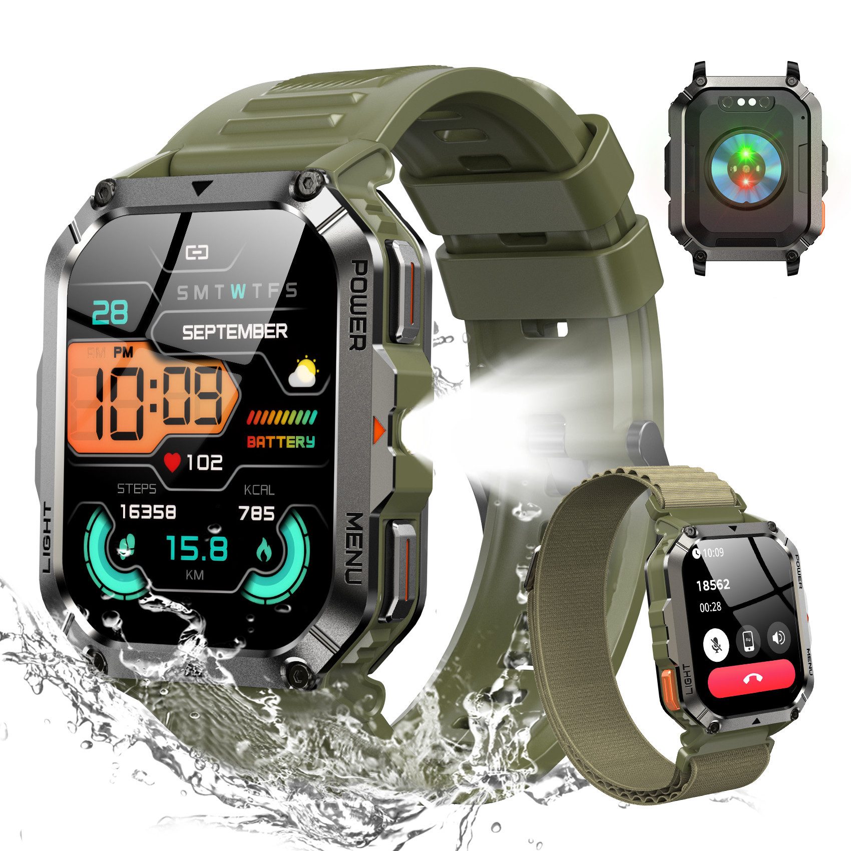 blackview Militär-Smartwatch Herren mit 900mAh Akku/LED-Taschenlampe/Kompass/SOS Smartwatch (2.01 Zoll, iOS/Android), 2×Riemen (Silikonband + gewebtes Band) 1×magnetisches Ladekabel, Herzfrequenz,SpO₂& Schlafüberwachung,100+ Sportmodi,Schrittzähler,IP68