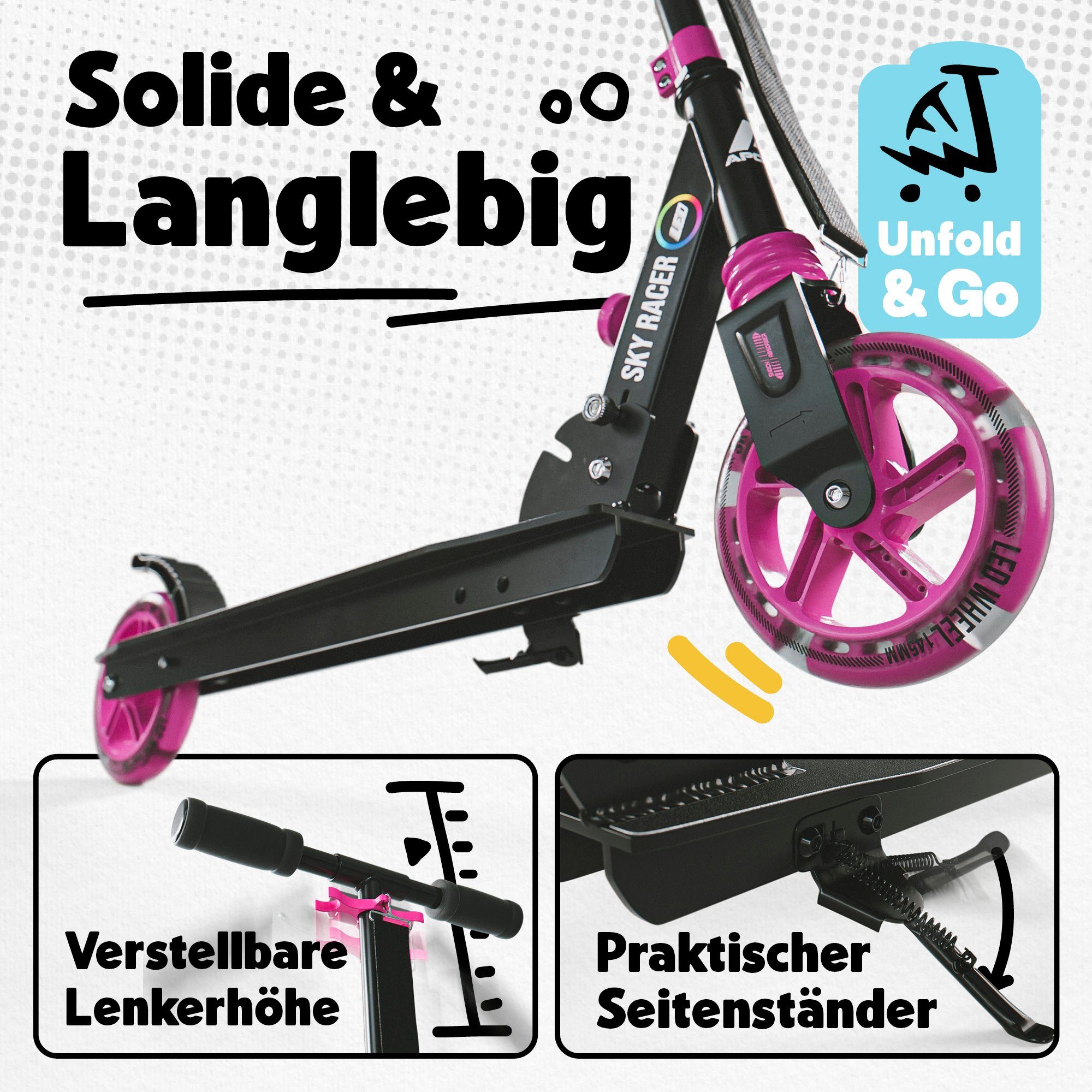 Apollo Cityroller Skyracer LED City Scooter Kinder, Tretroller mit Federung, klappbarer Kinderroller, höhenverstellbar