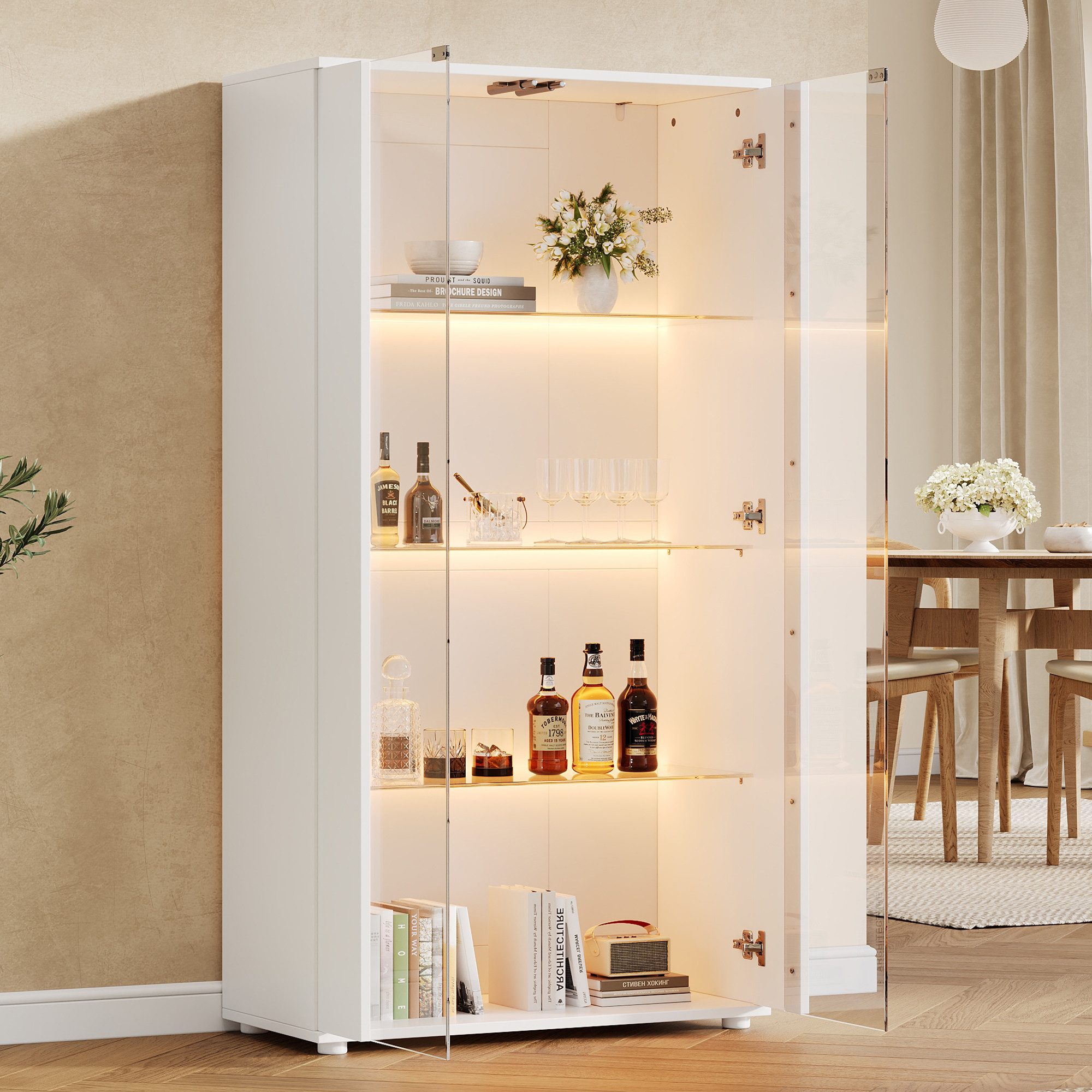 Flieks Glasvitrine Hochschrank mit LED-Beleuchtung, 2 Glastüren, 3 Glaseinlegeböden (80×36×150 cm, 4 Ebenen, 1-St., Standvitrine Eckvitrine für Wohnzimmer, Schlafzimmer, Arbeitszimmer) multifunktional Vitrine mit 4 Ablageflächen Mehrzweckschrank Weiß