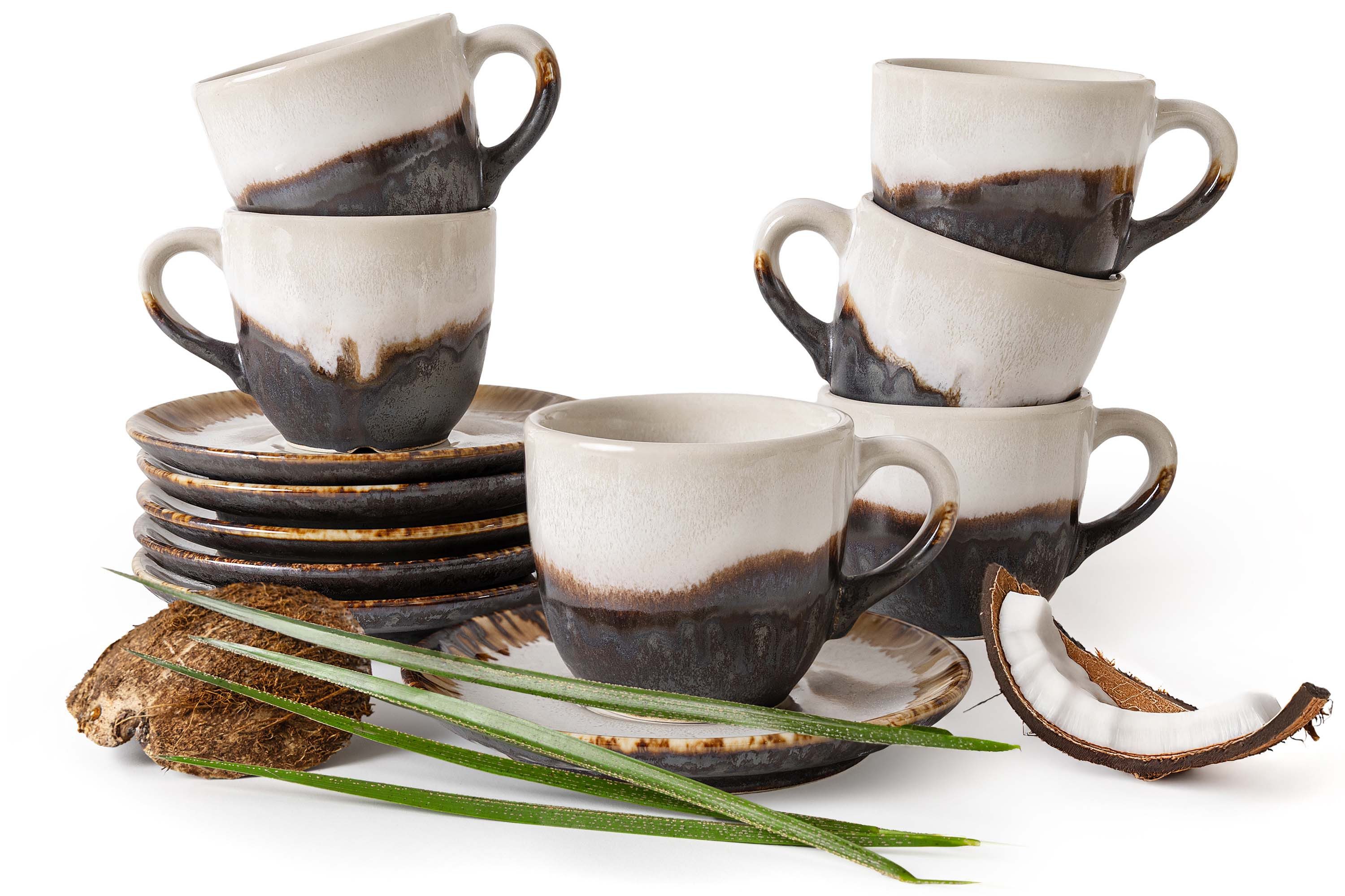 KONSIMO® Kaffeeservice PRIMA Kaffeetassen-Set 180 ml, handgefertigt, Premiumqualität aus EU (12-tlg), 6 Personen, Keramik, luxuriöse Qualitätskeramik, organische Form, beige/braun