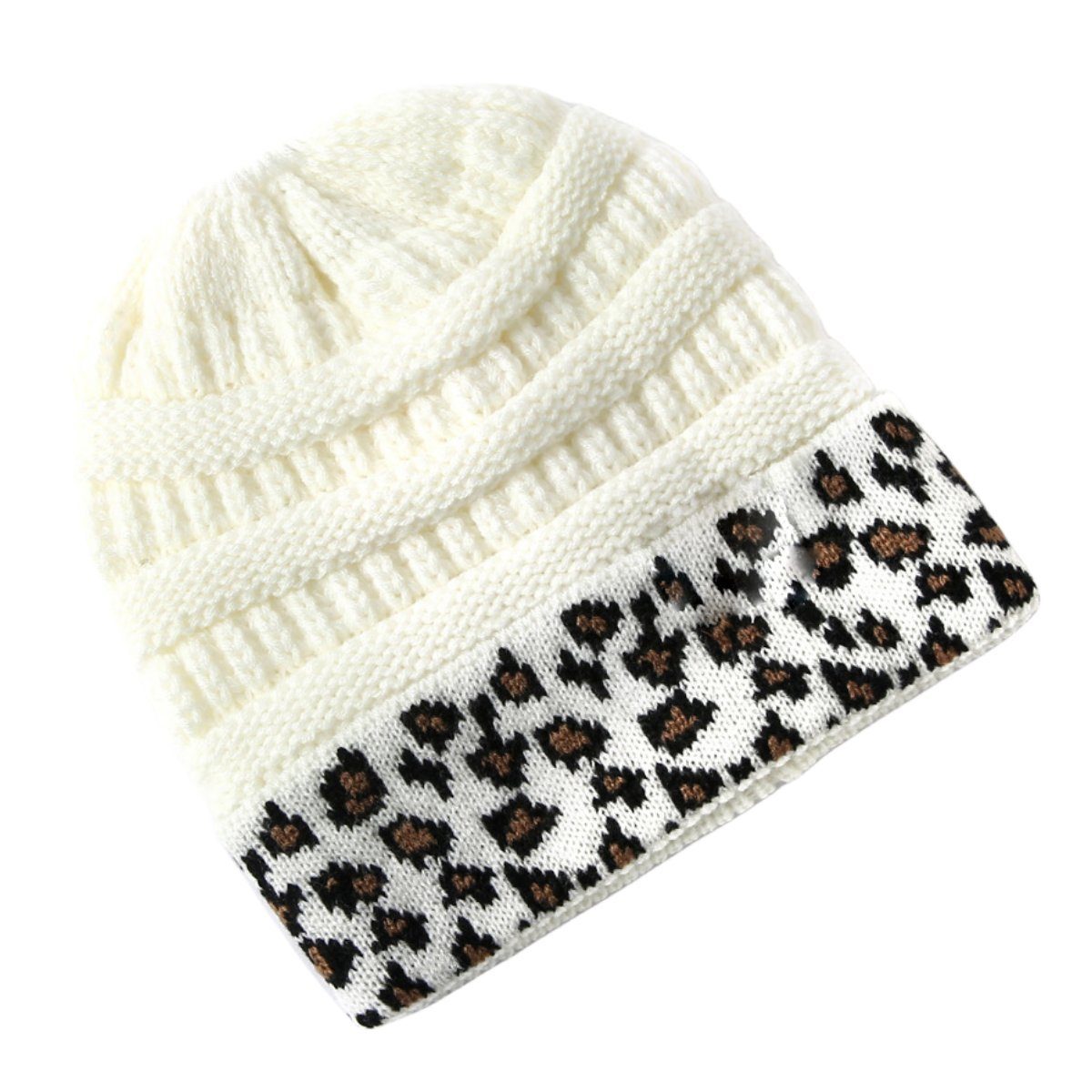 carefully selected Jerseymütze Damen-Strickmütze aus warmer Wolle mit Leopardenmuster Weiß