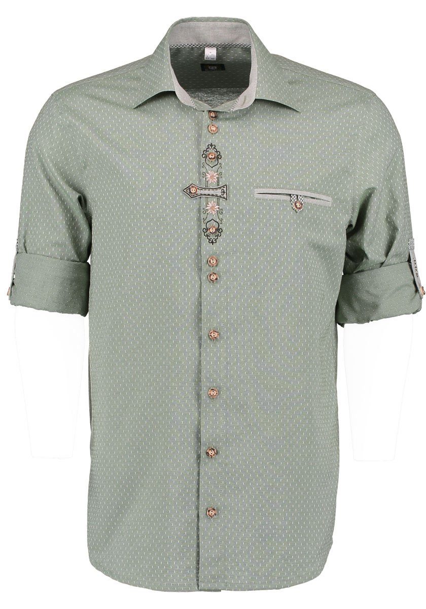 Herren Hemden OS-Trachten Trachtenhemd Olore Langarmhemd mit Edelweiß-Stickerei auf der Knopfleiste