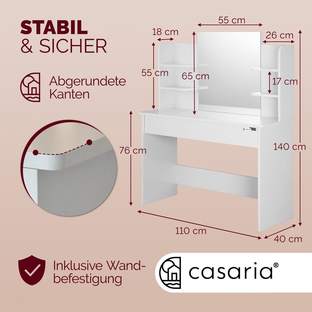 Casaria Schminktisch Lucia (1-St), mit Spiegel Schubladen Beleuchtung Schminkkommode 110x40cm Modern Weiß – Bild 5 von 5