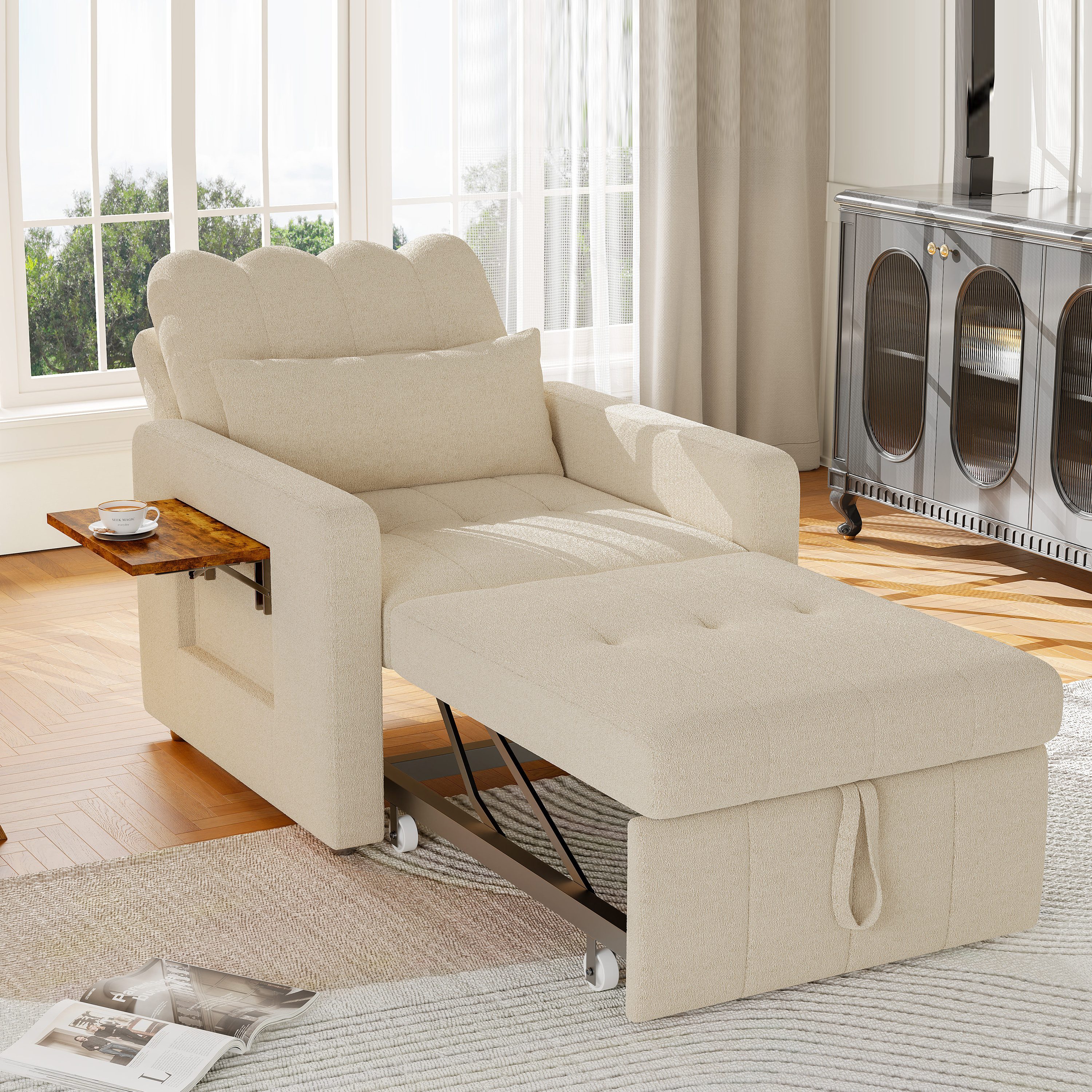 Simurq Relaxsessel Klappbarer Sessel, Chenille Schlafsessel, vielseitiger Einzelsessel, bequemer Fernsehsessel, mit Tischchen & Rollen für Wohnzimmer