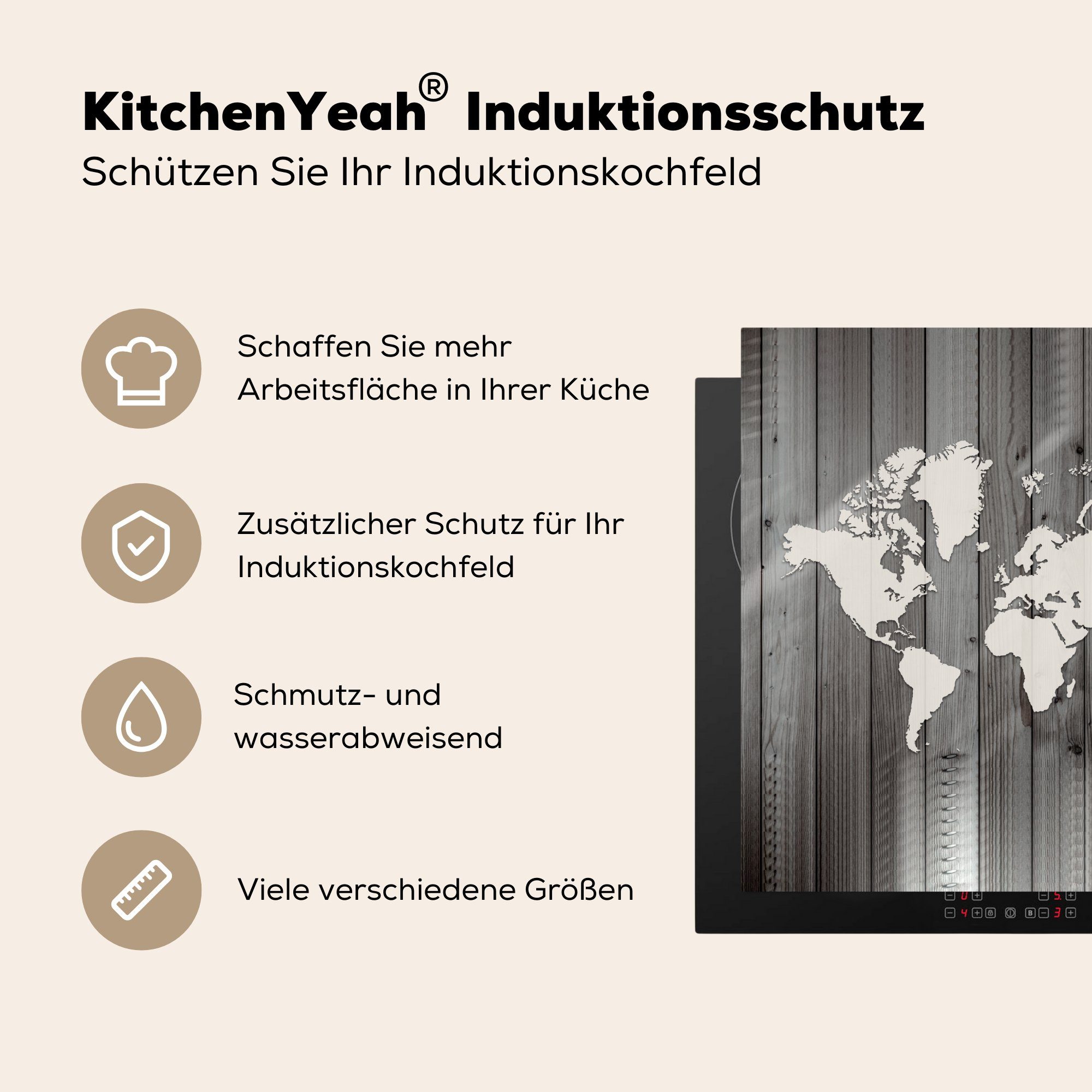 - (1 Ceranfeldabdeckung, - Holz küche tlg), Weltkarte cm, für Herdblende-/Abdeckplatte Schwarz - Arbeitsplatte Vinyl, Weiß, MuchoWow 78x78