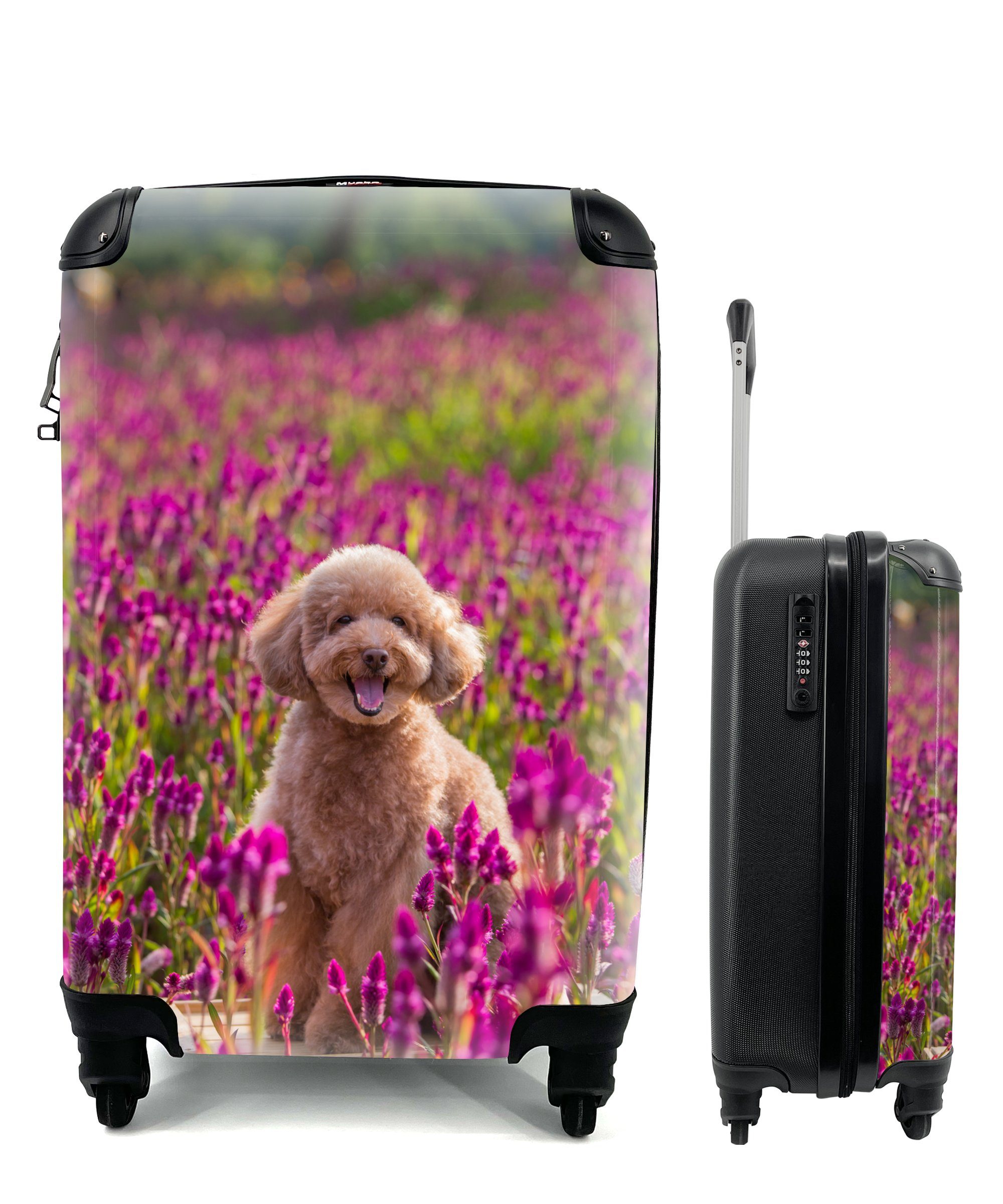 MuchoWow Lavendel mit Hund 4 Reisetasche Handgepäckkoffer Rollen, - - für Ferien, rollen, - Handgepäck Frühling, Blumen Trolley, Reisekoffer