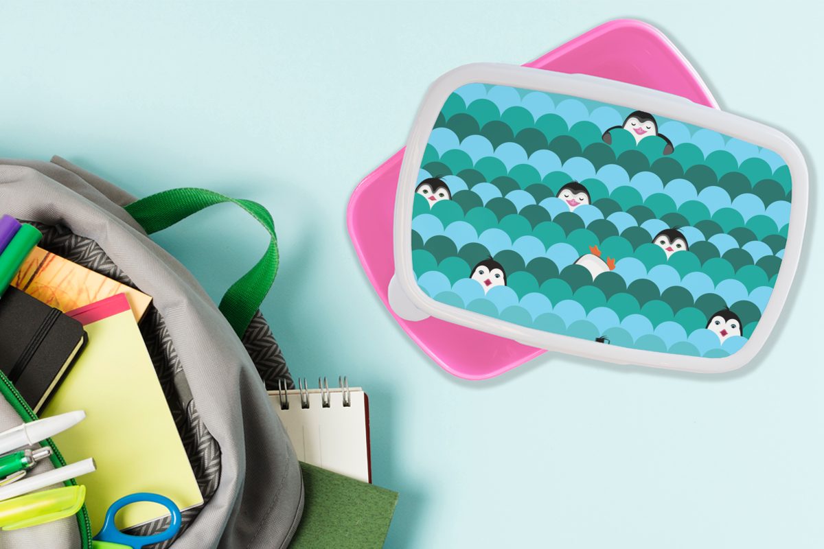 Kinder, MuchoWow Entwurf, Erwachsene, - Pinguin Brotbox Kreis Lunchbox Kunststoff Mädchen, rosa Snackbox, Kunststoff, Brotdose - (2-tlg), für