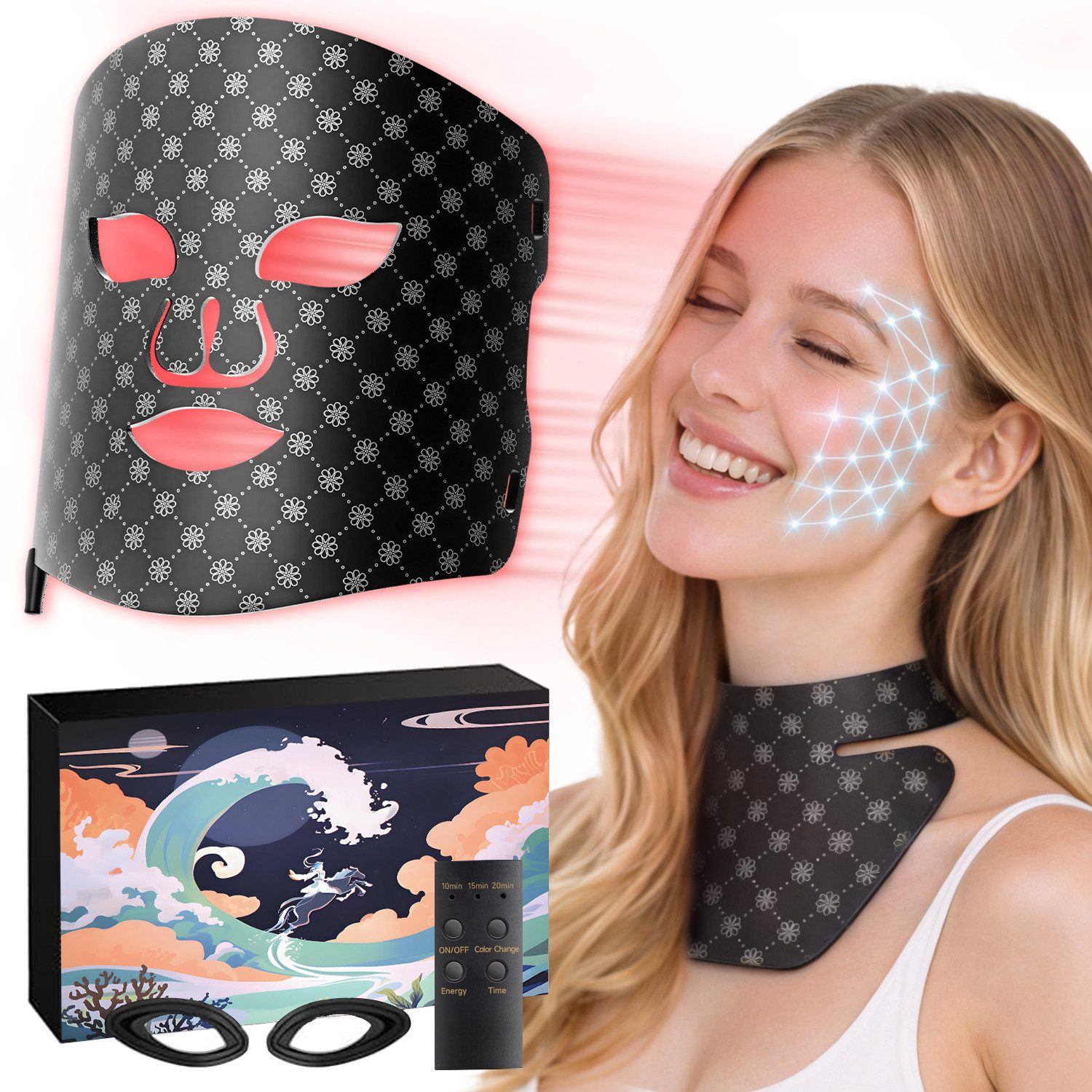 Dermaroller LED Gesichts- und Nackenmaske mit 7 Farben und 660 LEDs für Zuhause
