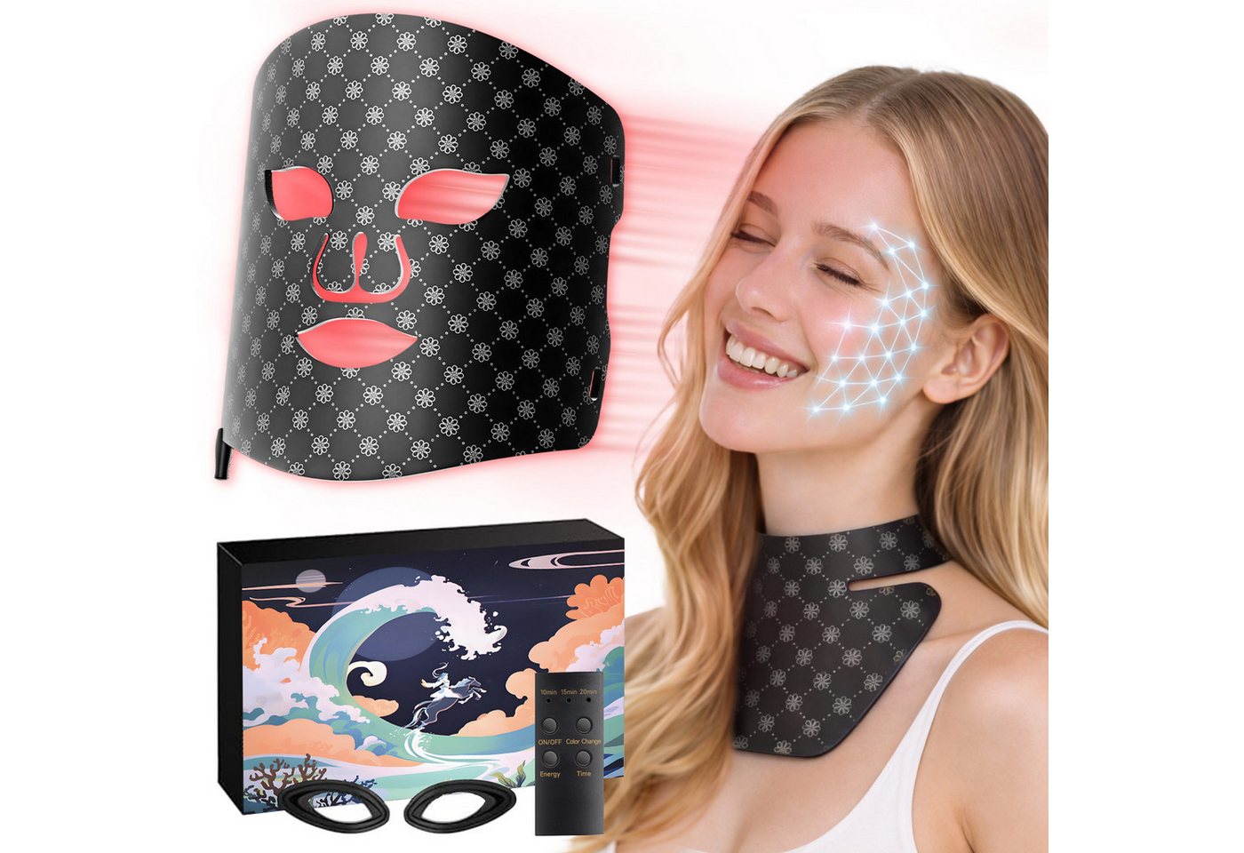 SWGOTA LED-Gesichtsmaske LED Gesichts- und Nackenmaske mit 7 Farben und 660 LEDs für Zuhause, LED Gesichtsmaske mit Rotlichttherapie,5 Intensitäten,Timer