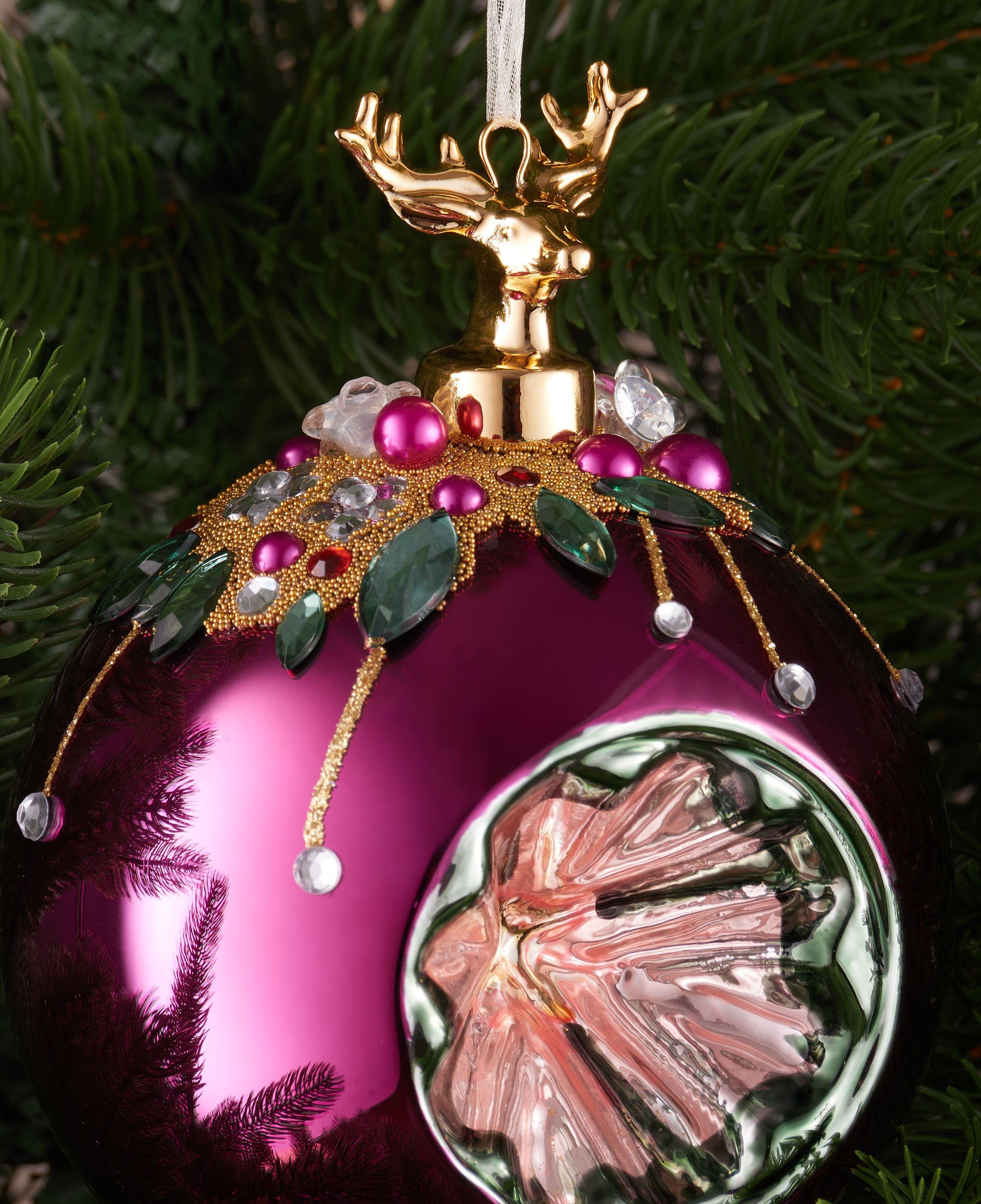 BRUBAKER Weihnachtsbaumkugel Premium Weihnachtskugel - Tiere mit Blumen - 10 cm Christbaumschmuck (1 St), Christbaumkugel aus Glas mit Perlen-Deko und Figur - Handdekoriert
