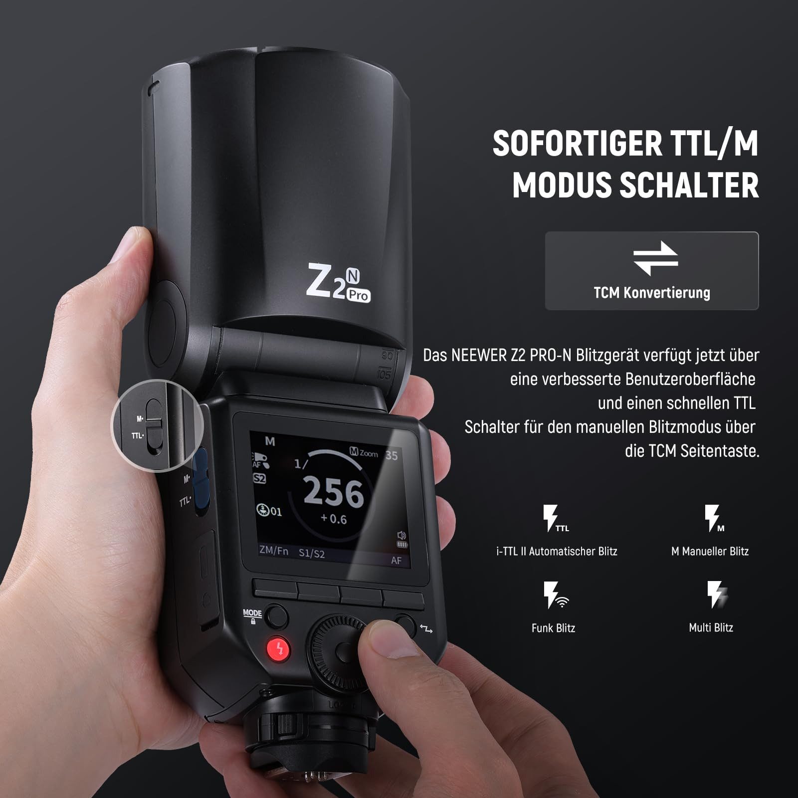 Neewer Z2PRO-N 2.4G TTL Blitzgerät mit rundem Kopf für Nikon, drahtlos Blitzgerät, (kompatibel mit Godox, 76Ws 1/8000s HSS, TTL/M TCM Schalter, 3000mAh) – Bild 4 von 5