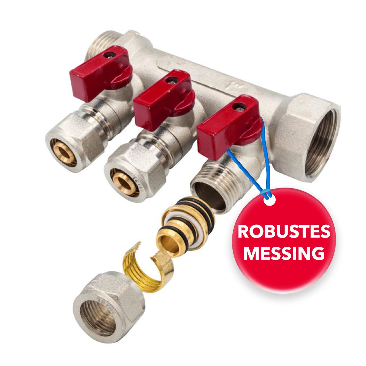 Belrad Gewindefitting Heizkreisverteiler für Heizungen BLR413, 3 Abgänge mit Kugelhahn, (einzel, 1-tlg), Eurokonus 1/2" 16 mm, 1" AG/IG, vernickeltes Messing, 35 mm Abstand