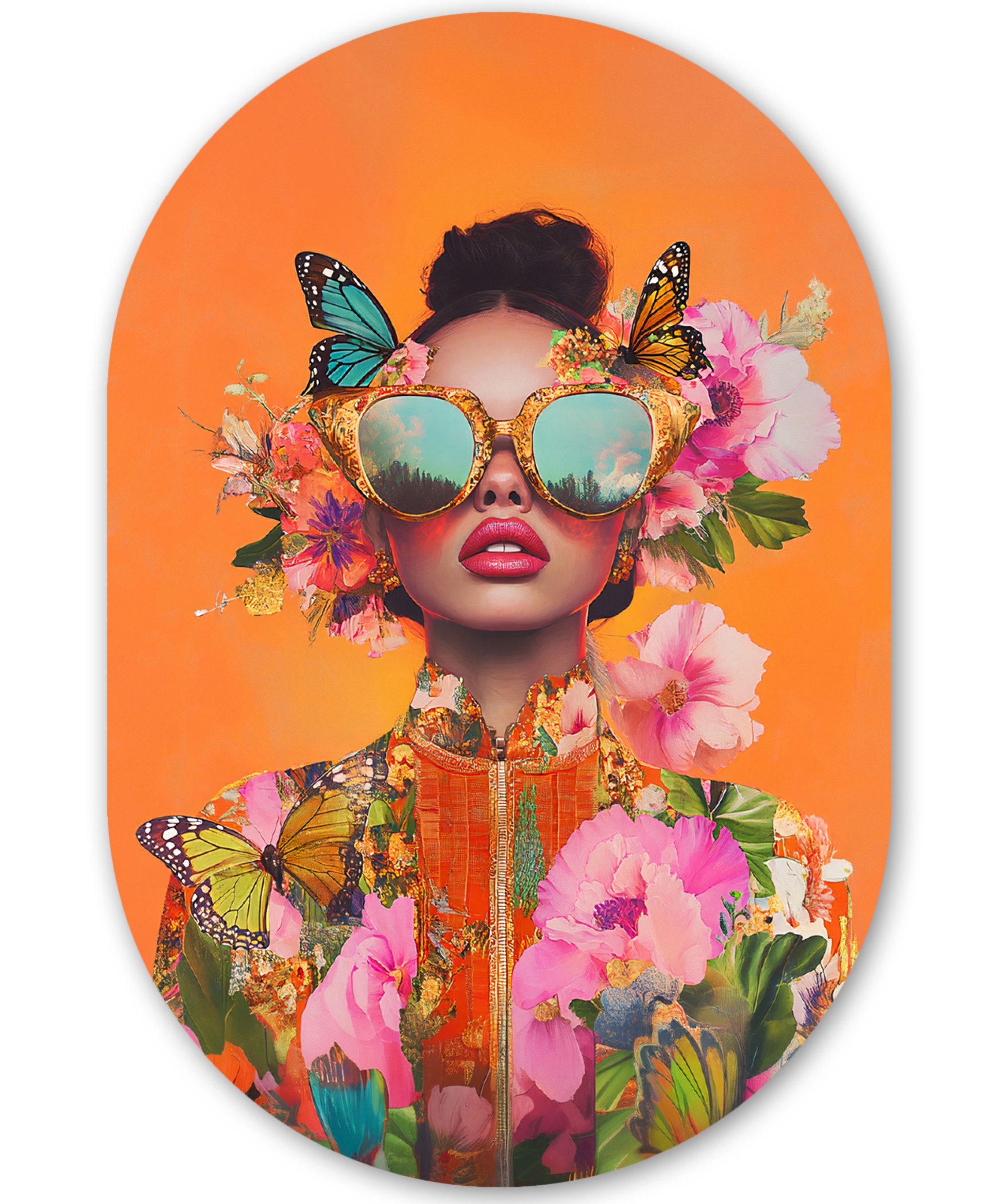 MuchoWow Gemälde Schmetterlinge - Frau - Sonnenbrille - Bunt, Fotodruck (1 St), Wandbild Oval, Wohnzimmer oder Schlafzimmer Wanddekoration, 40x60 cm