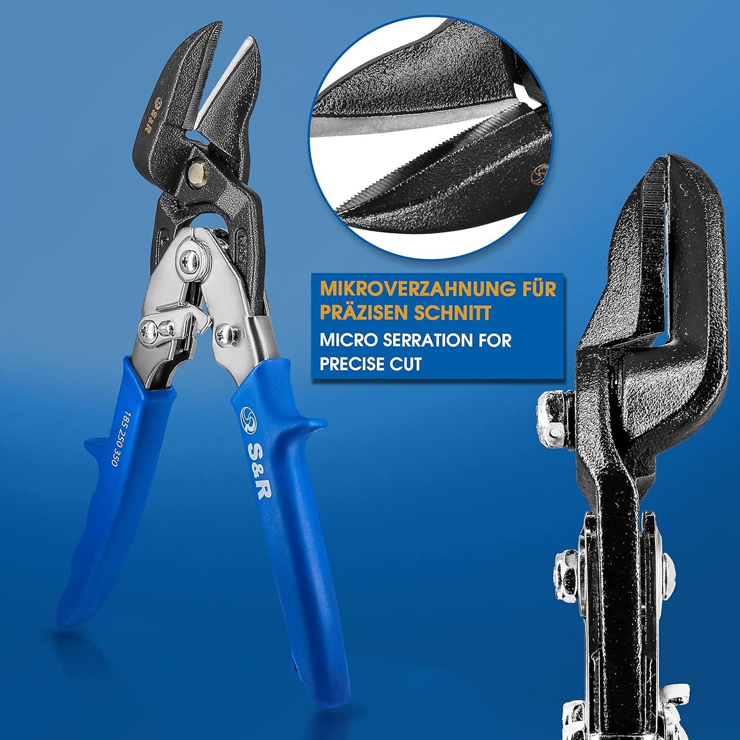 S&R Blechschere in Profi-Qualität Hochleistungsschere Ideal-Serie, stark und wendig, (1-tlg), Linksschnitt, 260 mm, Durchlaufschere für Blech mit doppeltem Hebe – Bild 4 von 5