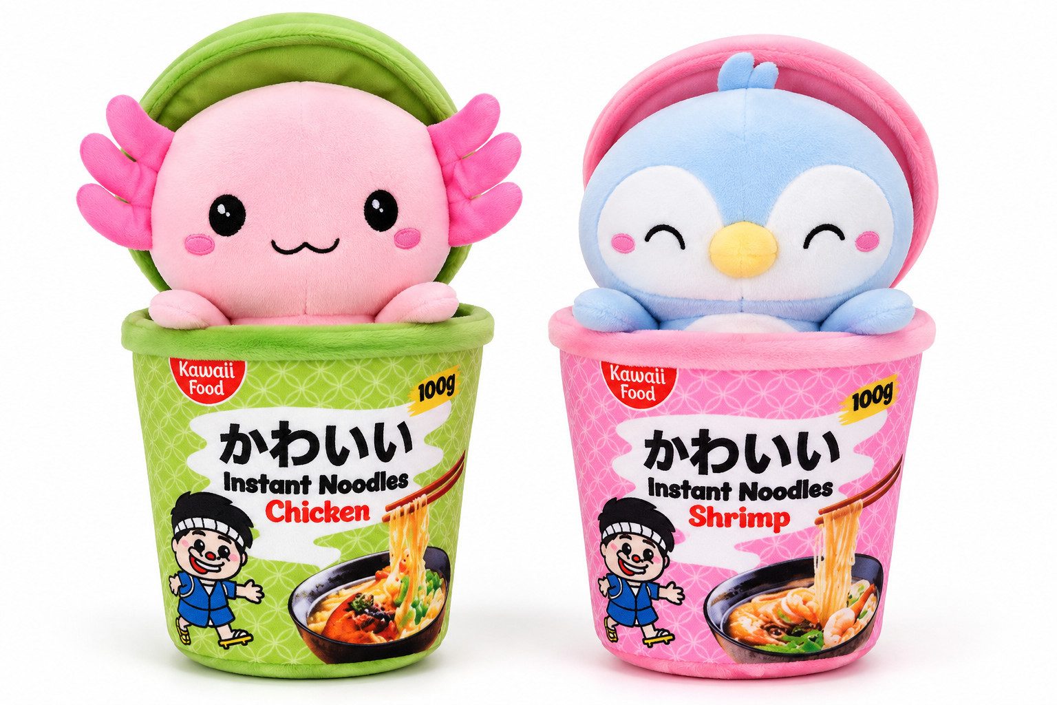Kawaii Kuscheltier Kawaii Nudelbecher Plüsch 2er Set Axolotl Pinguin 17 cm (Set, 1-St., Geschenk-Set), Kawaii Plüsch-Nudelbecher mit Tierfigur im praktischen 2er Set