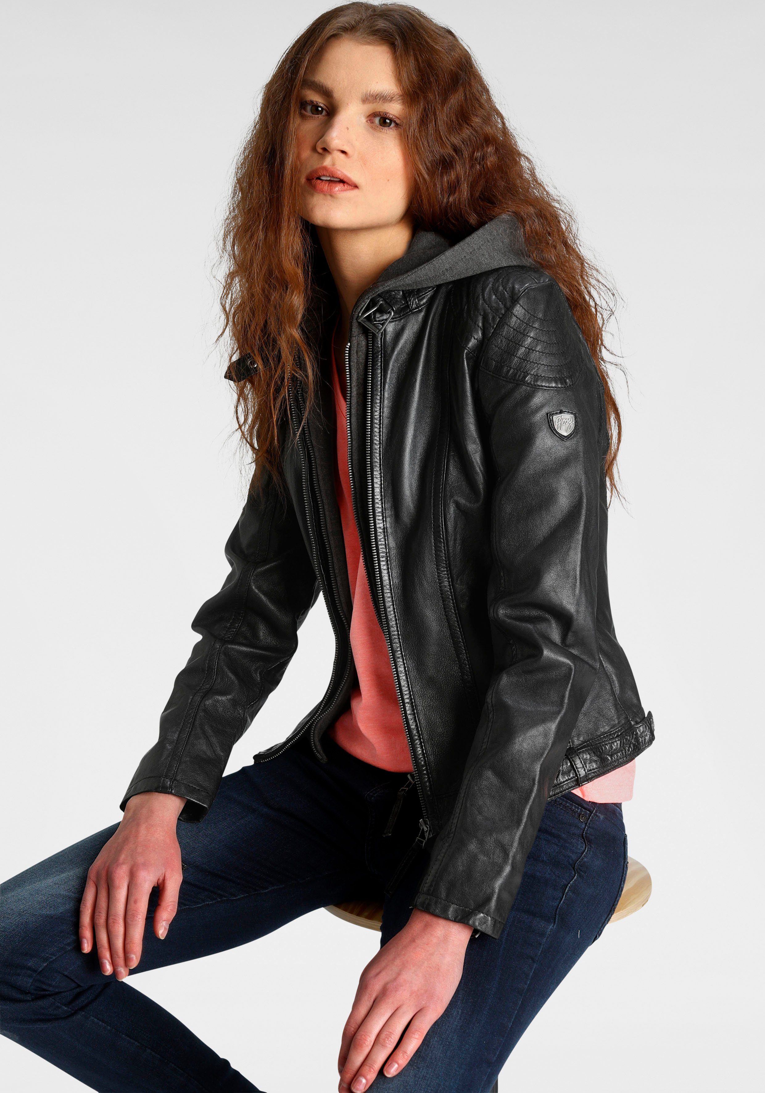 Gipsy Lederjacke CASEY mit abnehmbarem Kapuzen-Sweateinsatz & aufwendigen Biker-Details black