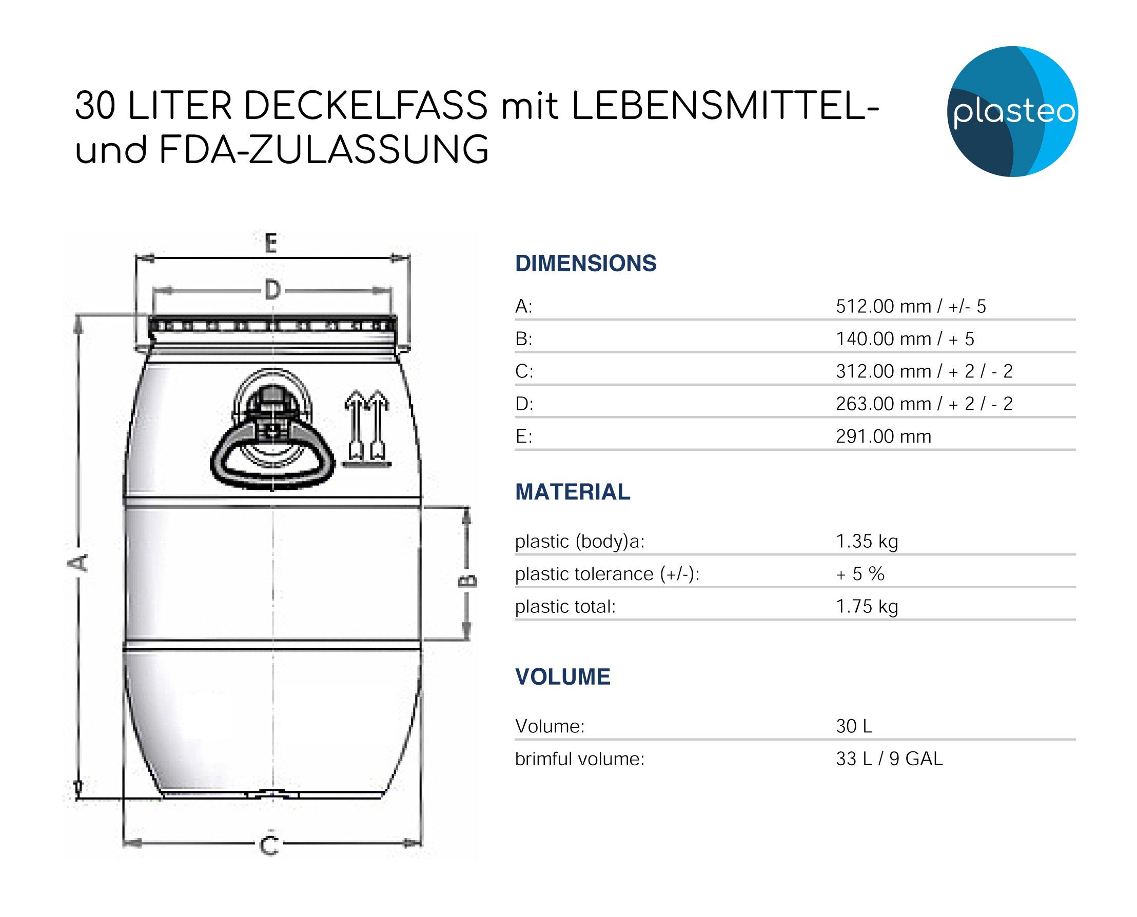 Plasteo Regentonne 30 Liter Deckelfass Lebensmittelecht FDA-zugelassen Kunststofffass, 30 l, FDA Zulassung