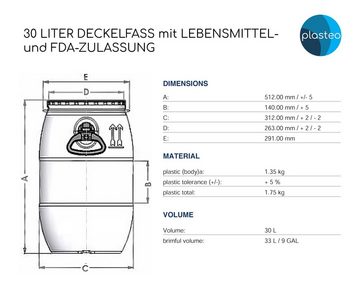 Plasteo Regentonne 30 Liter Deckelfass Lebensmittelecht FDA-zugelassen Kunststofffass, 30 l, FDA Zulassung