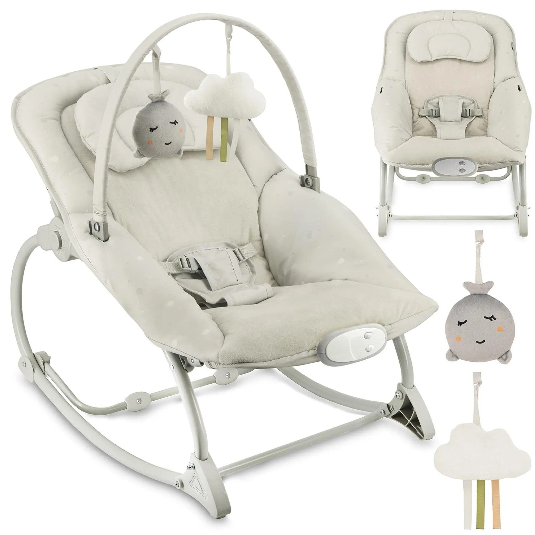 MoMi Babyschaukel LAPIS Elektrische Babywippe mit Musikmodul in Hellgrau - 8 Melodien, Babywippe, Babyliegesitz, manuelles Schaukeln, waschbarer Bezug