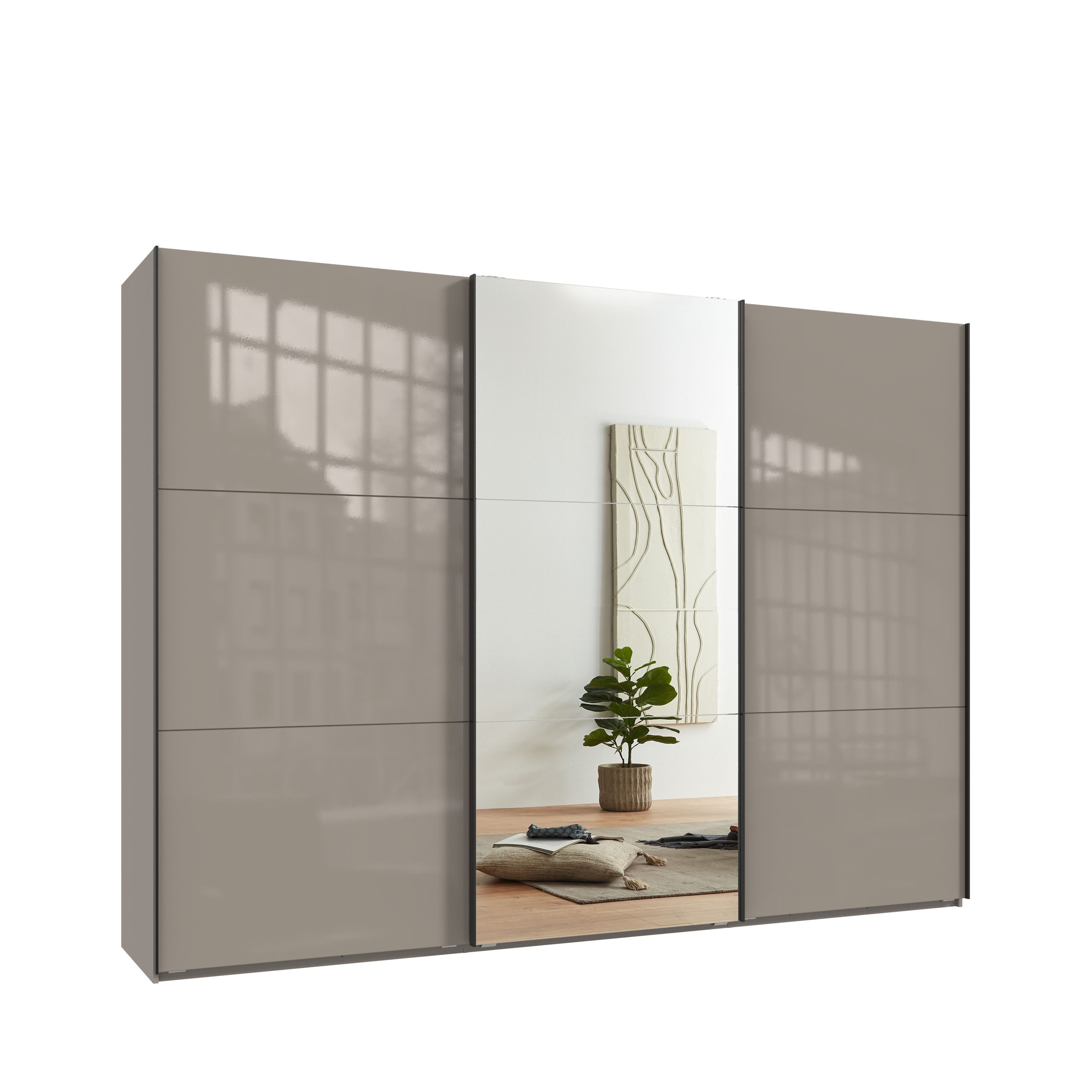 luma-home Schwebetürenschrank 22040 (3-türiger Kleiderschrank B300/H216/T65 cm mit Vollausstattung als optimale Stauraumlösung) Sandgrau mit Glasfront, Spiegeltür und schwarzen Griffleisten