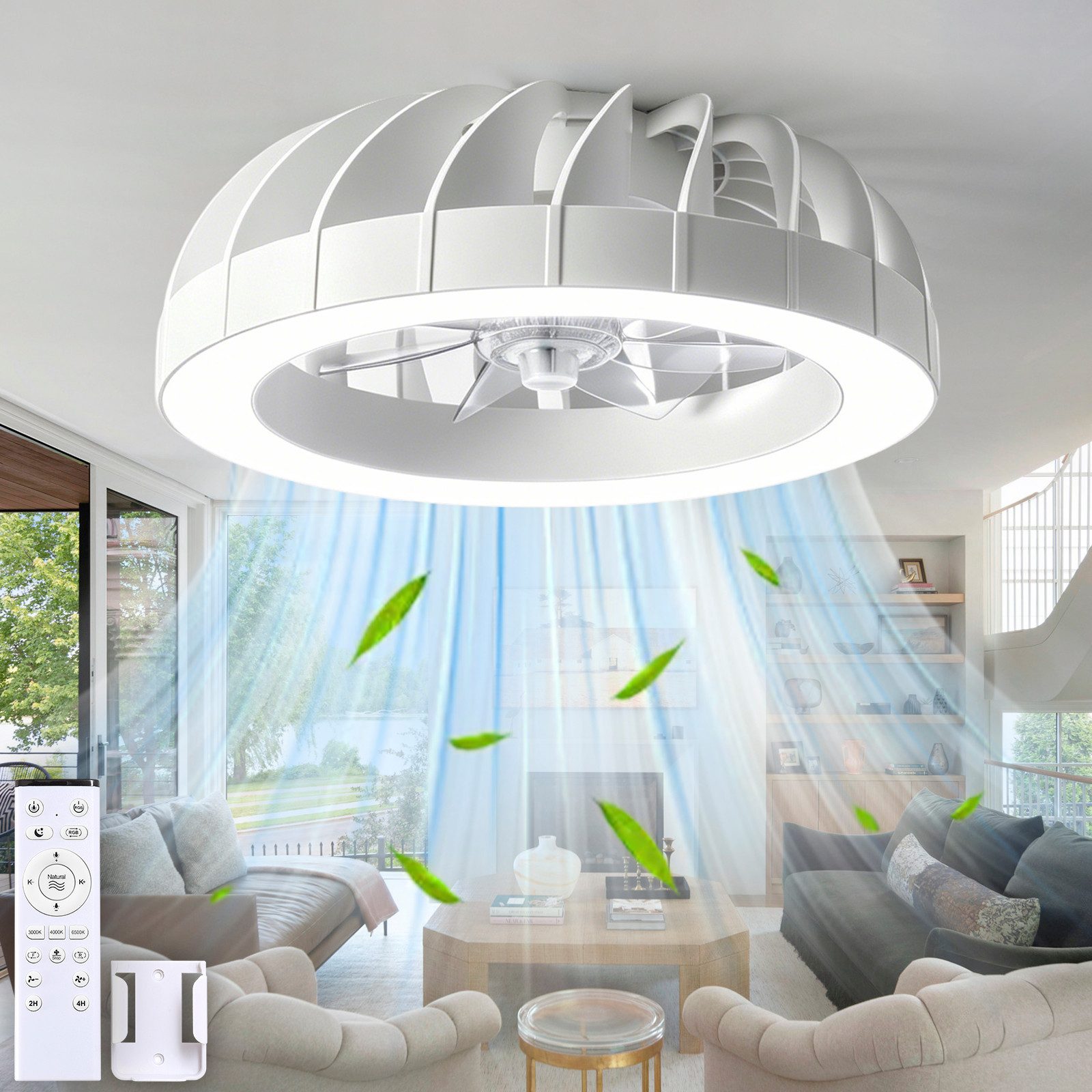 RRBEST Deckenventilator RGB Deckenventilator mit Beleuchtung, Dimmbar Deckenleuchte, mit Fernbedienung, 6 Windstufen, 3000K-6500K