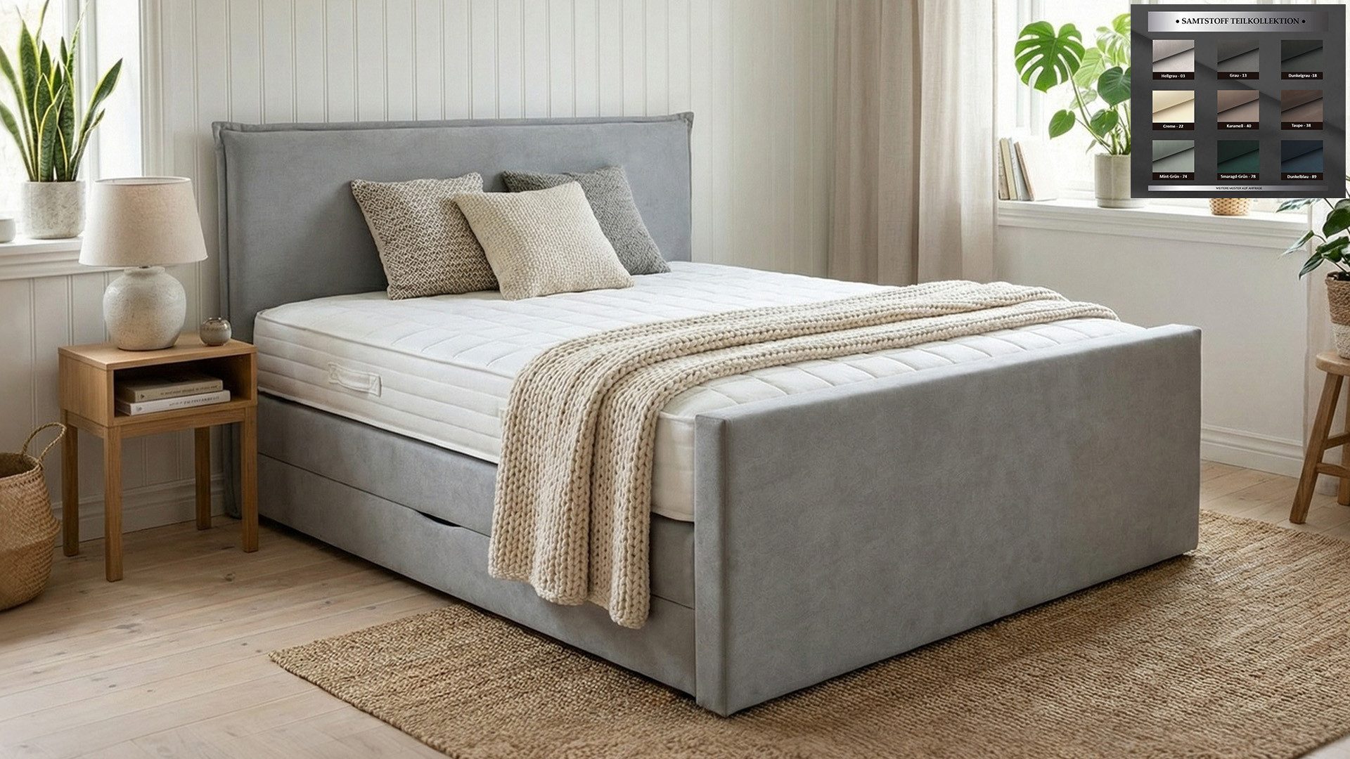 PAARA Boxspringbett Madrid mit Bettkasten Stauraum H2 H3 fussteil, mit Fussteil und mit einzigartigem Belüftungssystem