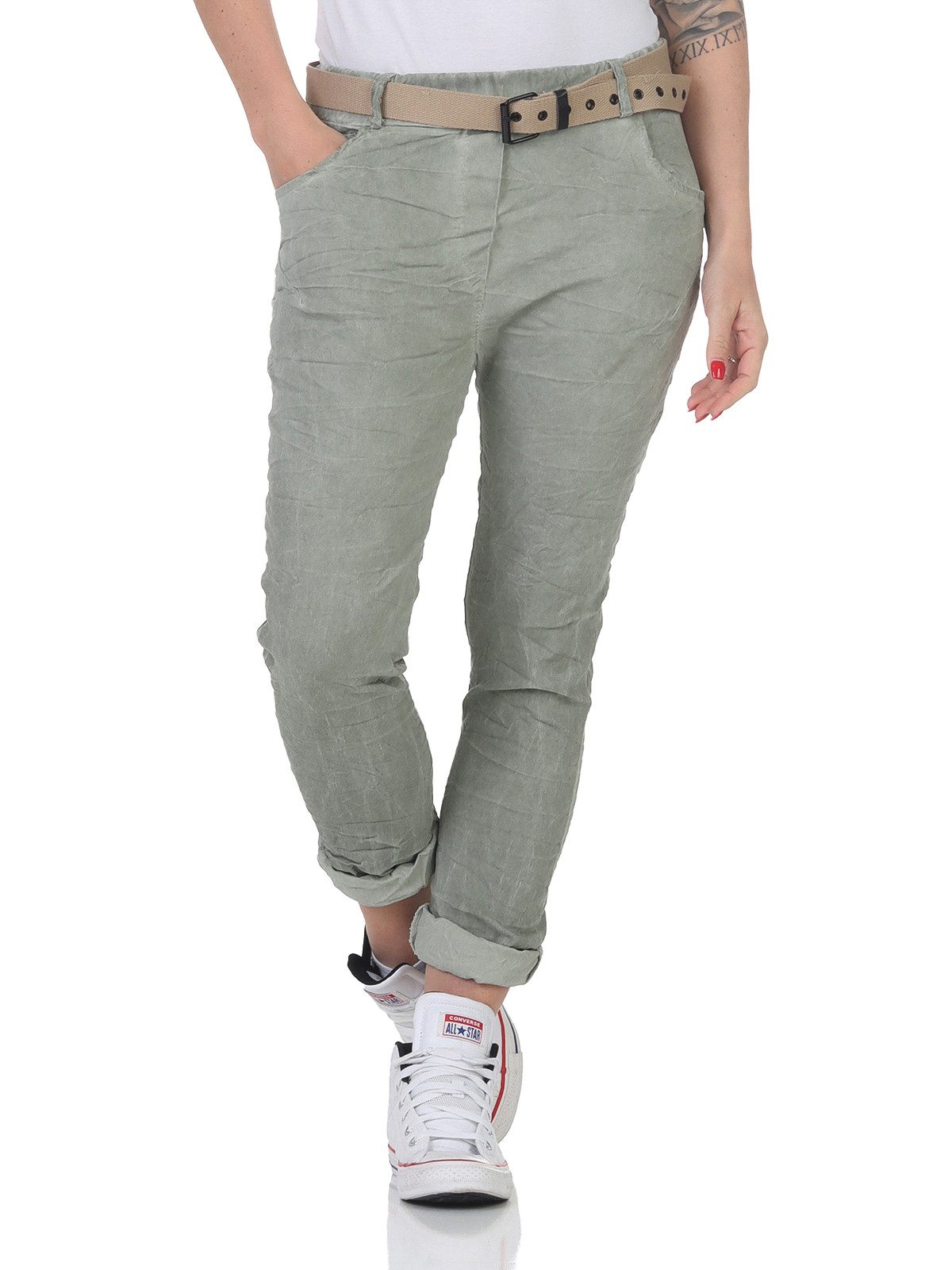 CLEO STYLE Jogger Pants Damen Hose Gürtel 21306 34-38 Khaki