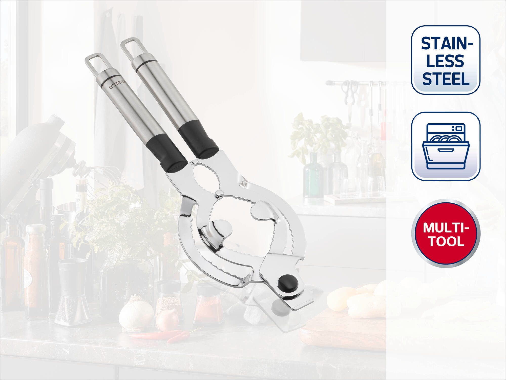 Leifheit Dosenöffner Deckelöffner Edelstahl, Edelstahl und Kunststoff, für Gläser, Flaschen und Tuben, Aufhängeöse