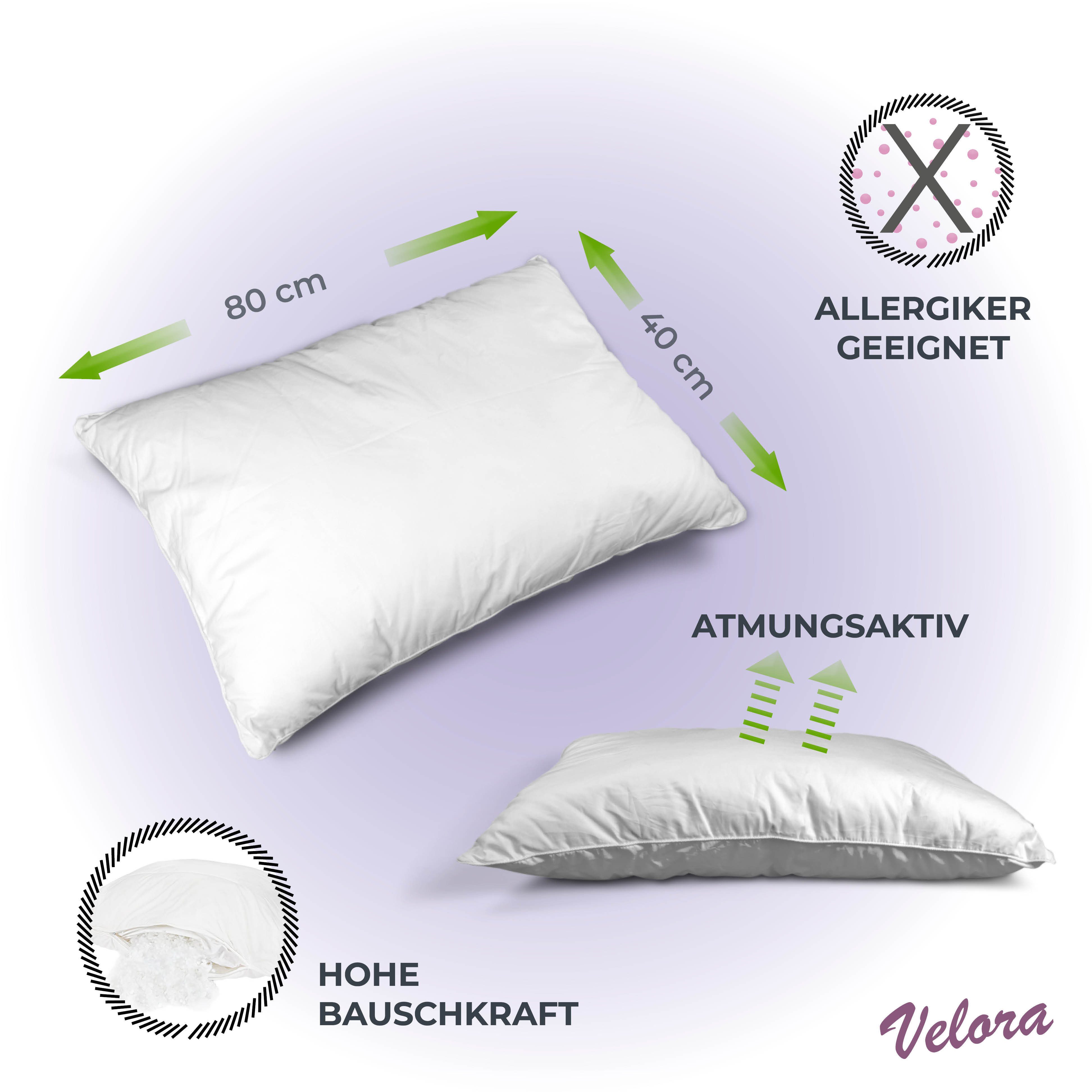 VELORA Kopfkissen Kopfkissen - 40x80 - 80x80 cm – atmungsaktiv & allergikerfreundlich, Füllung: Polyester, Seitenschläfer, Rückenschläfer, Bauchschläfer, Spar-Set, 1-tlg. - 40x80 - 80x80 - 2tlg. 40x80 - 80x80, hypoallergen & hautfreundlich - waschbar