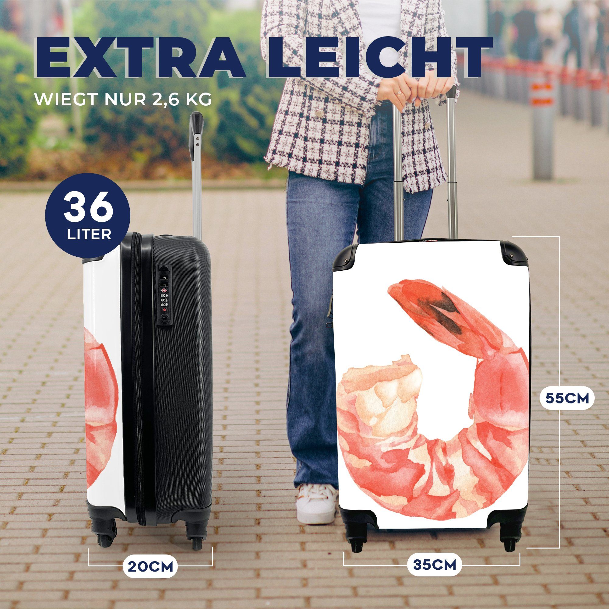 - MuchoWow - Handgepäck 4 Reisekoffer mit Garnele Reisetasche Trolley, für Handgepäckkoffer rollen, Rollen, Rosa, Aquarell Ferien,