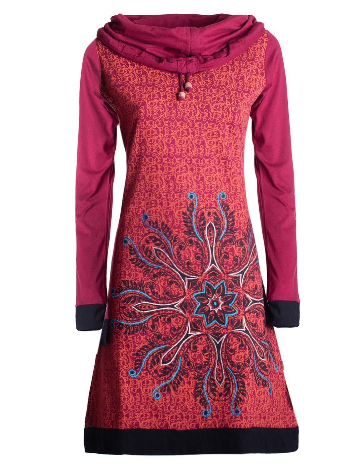 Tunikakleid Damen Schal-Kragen Mandala-Kleid Langarm-Shirtkleid Baumwollkleid