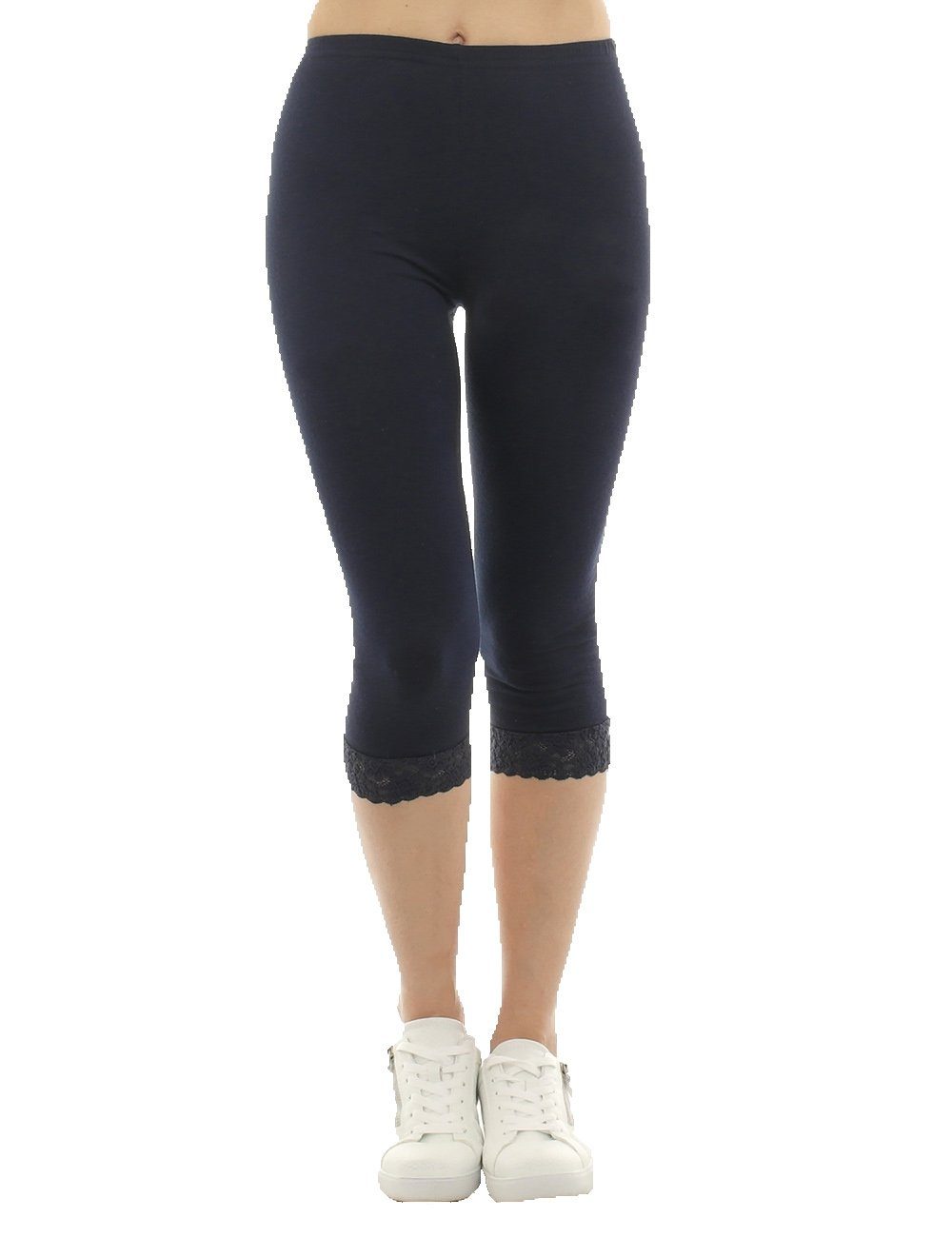 F&K-Mode Caprileggings Damen Capri 3/4 Leggings Spitze Baumwolle Hose Spitze