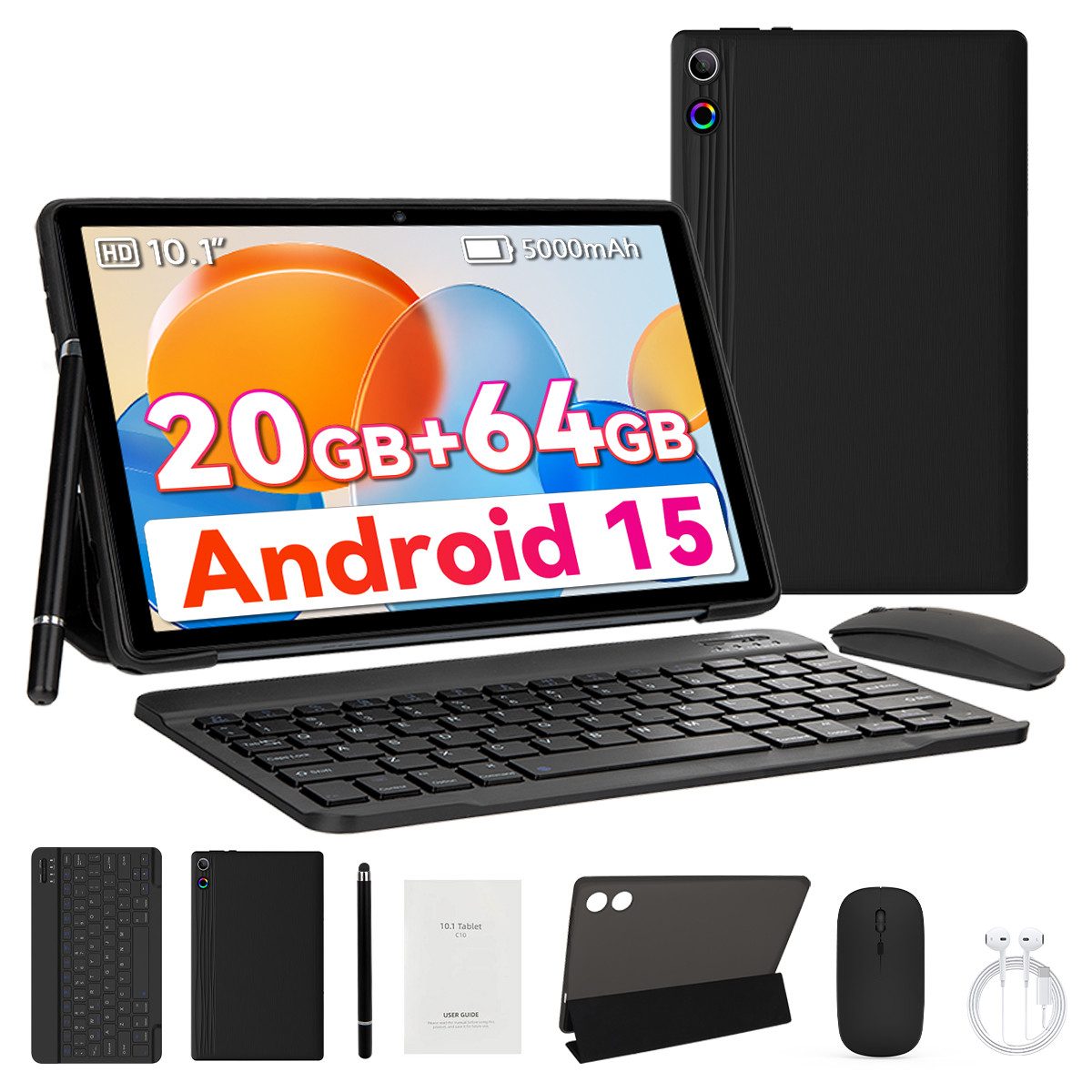 Happybe 10 Zoll, 20(3+17)GB RAM+64GB Android 15 mit Tastatur Stift Hülle Set Tablet (10,1", 64 GB, Android, WiFi, Octa-Core, WiFi 6, HD 1280x800, 5000mAh Akku)