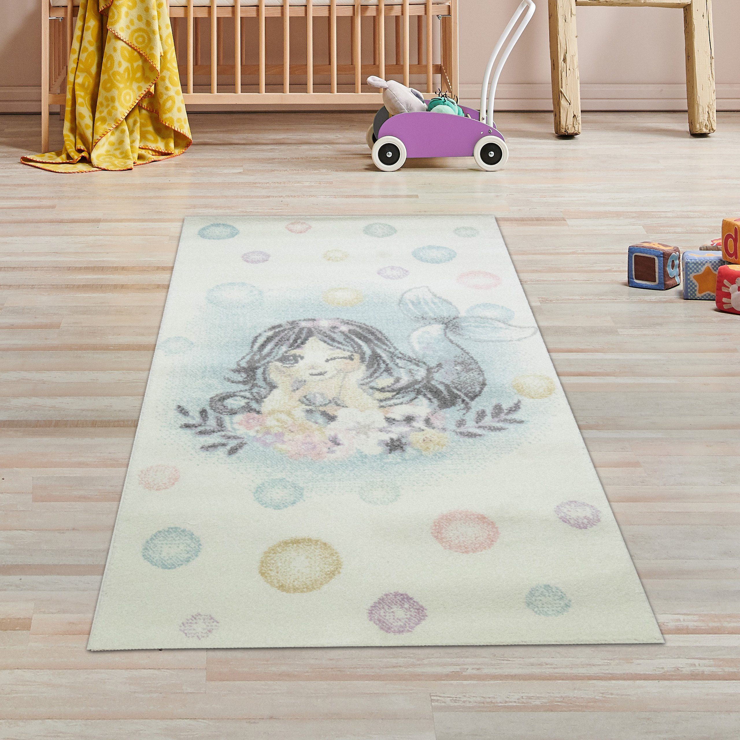 TeppichHome24 Kinderteppich Kinderteppich Meerjungfrau creme blau, rechteckig, Höhe: 0.9 mm