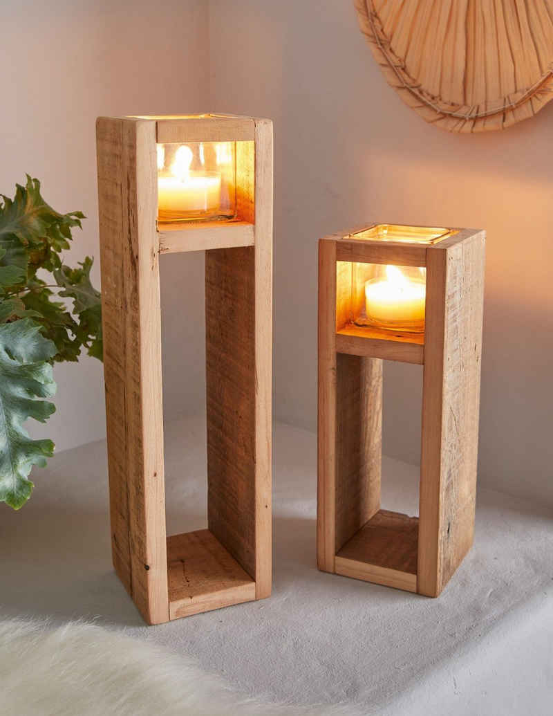 Dekoleidenschaft Bodenwindlicht Windlicht-Säule Wood aus Holz & Glas, Kerzenhalter, 30 + 40 cm hoch (2 St., 2er Set), im Upcycling Stil