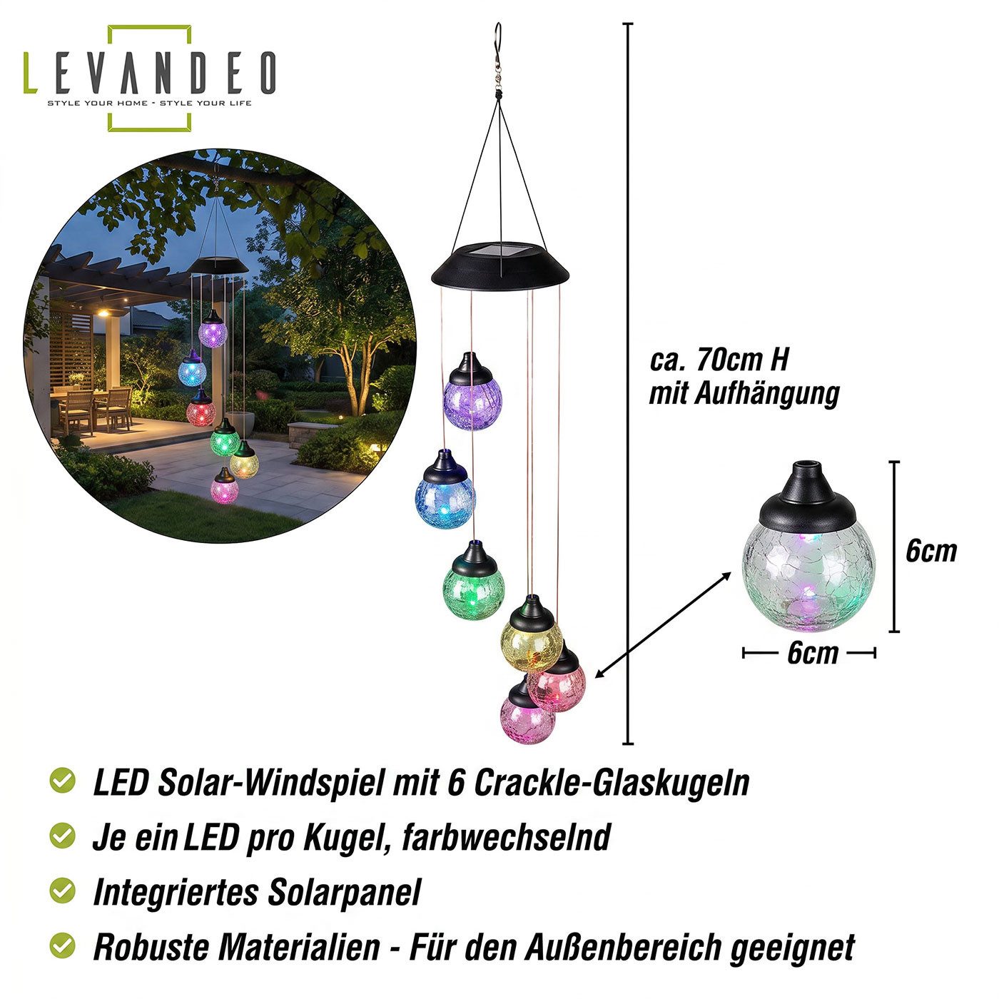 Levandeo® LED Windlicht Solar Windspiel Garten 6 LED Kugel Farbwechsel Glaskugel Outdoor Beleu