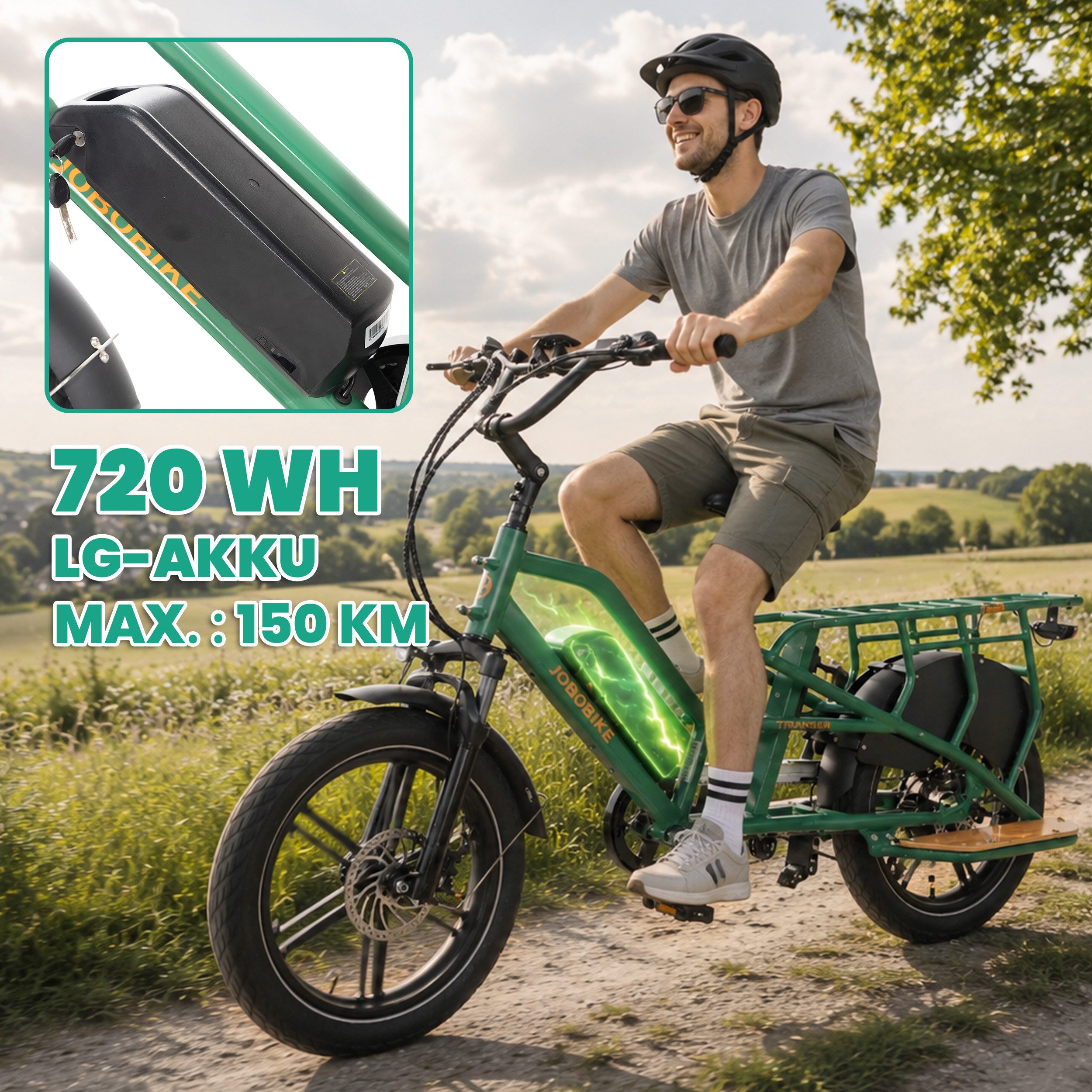 JOBOBIKE E-Bike Cargo 20 Zoll, 150 km, Longtail Lastenrad für Familie, Transport & Alltag, 7 Gang Shimano, Kettenschaltung, Heckmotor, 720 Wh, (Elektrofahrrad b – Bild 5 von 5