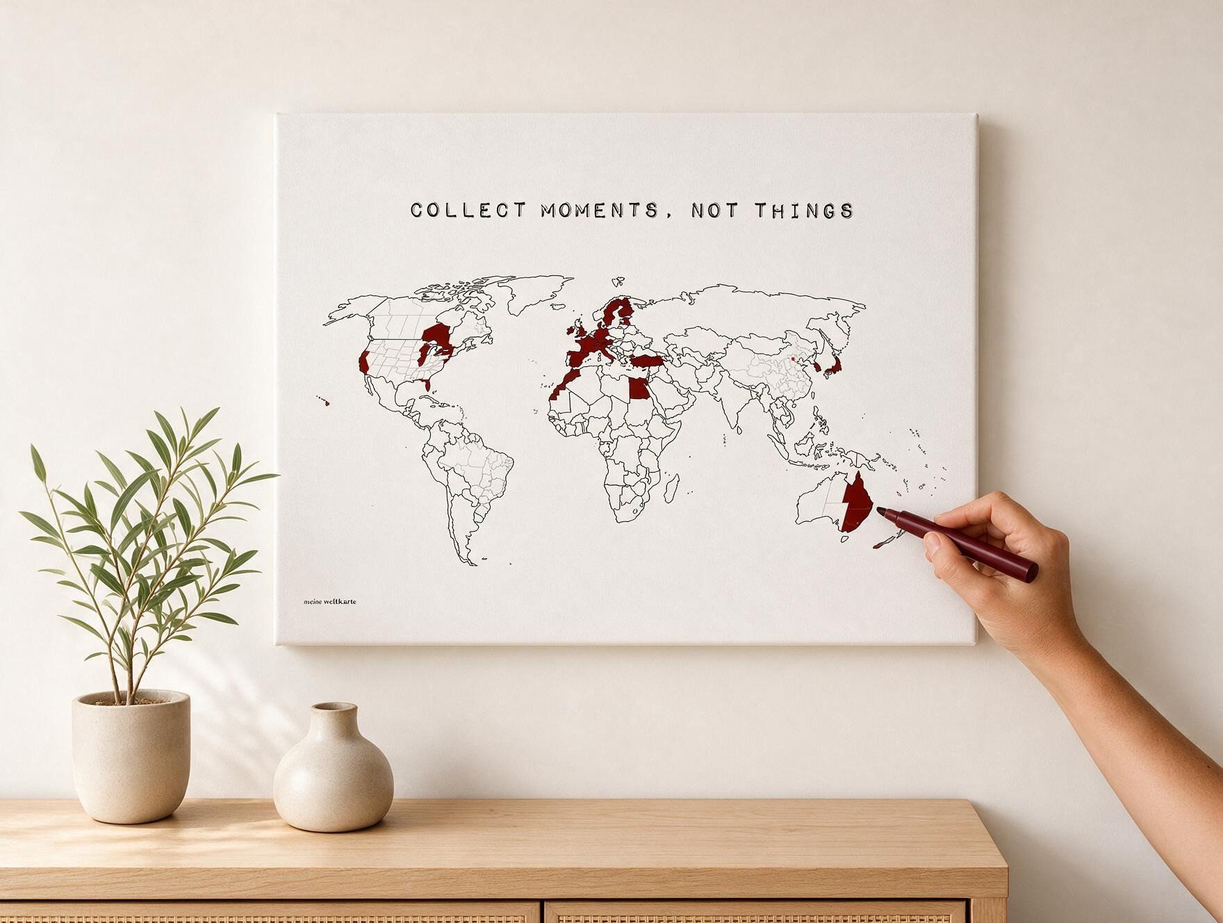 mw Leinwandbild Weltkarte Collect Moments, Not Things zum Ausmalen, Originaltitel oder Wunschtext; Leinwandposter oder Keilrahmen